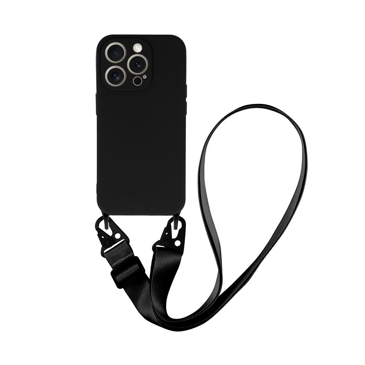 Custodia per telefono nera con cinturino nero. Il cinturino ha una clip.