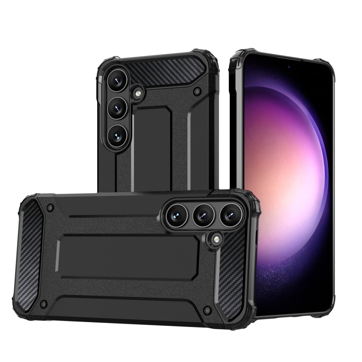 Schwarze Handyhülle mit strukturiertem Design. Drei Telefone werden gezeigt, zwei Hüllen und ein Telefon.