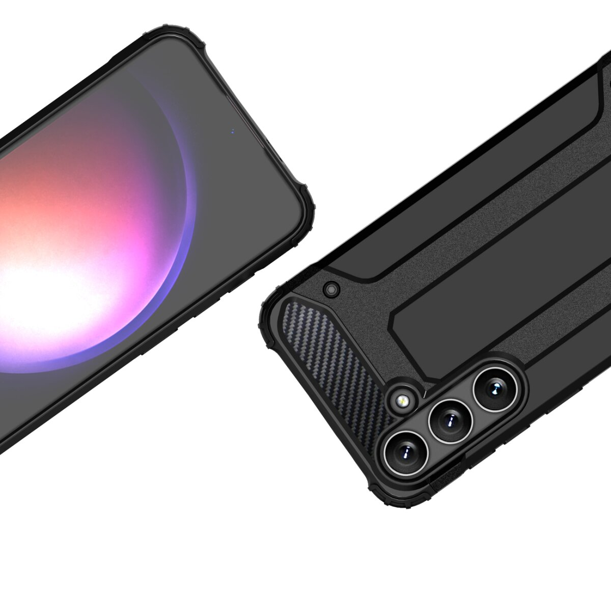 Custodia nera per telefono con fotocamera e schermo, su sfondo bianco. Lo schermo mostra un'immagine rosa e viola.