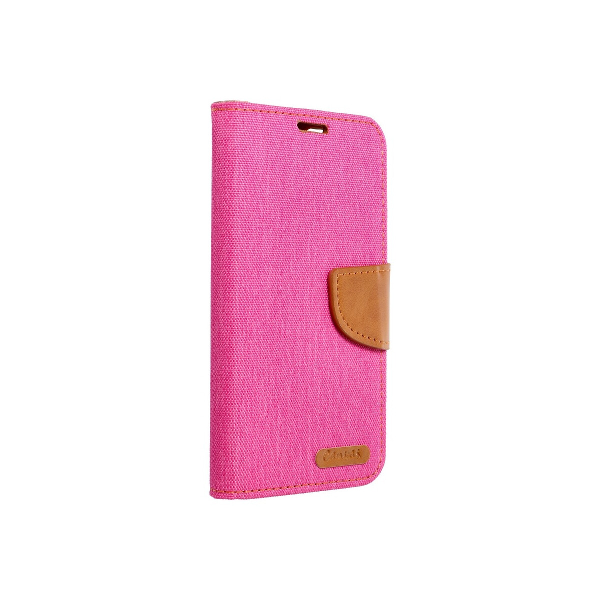Custodia rosa per telefono con patta marrone. Sfondo bianco.