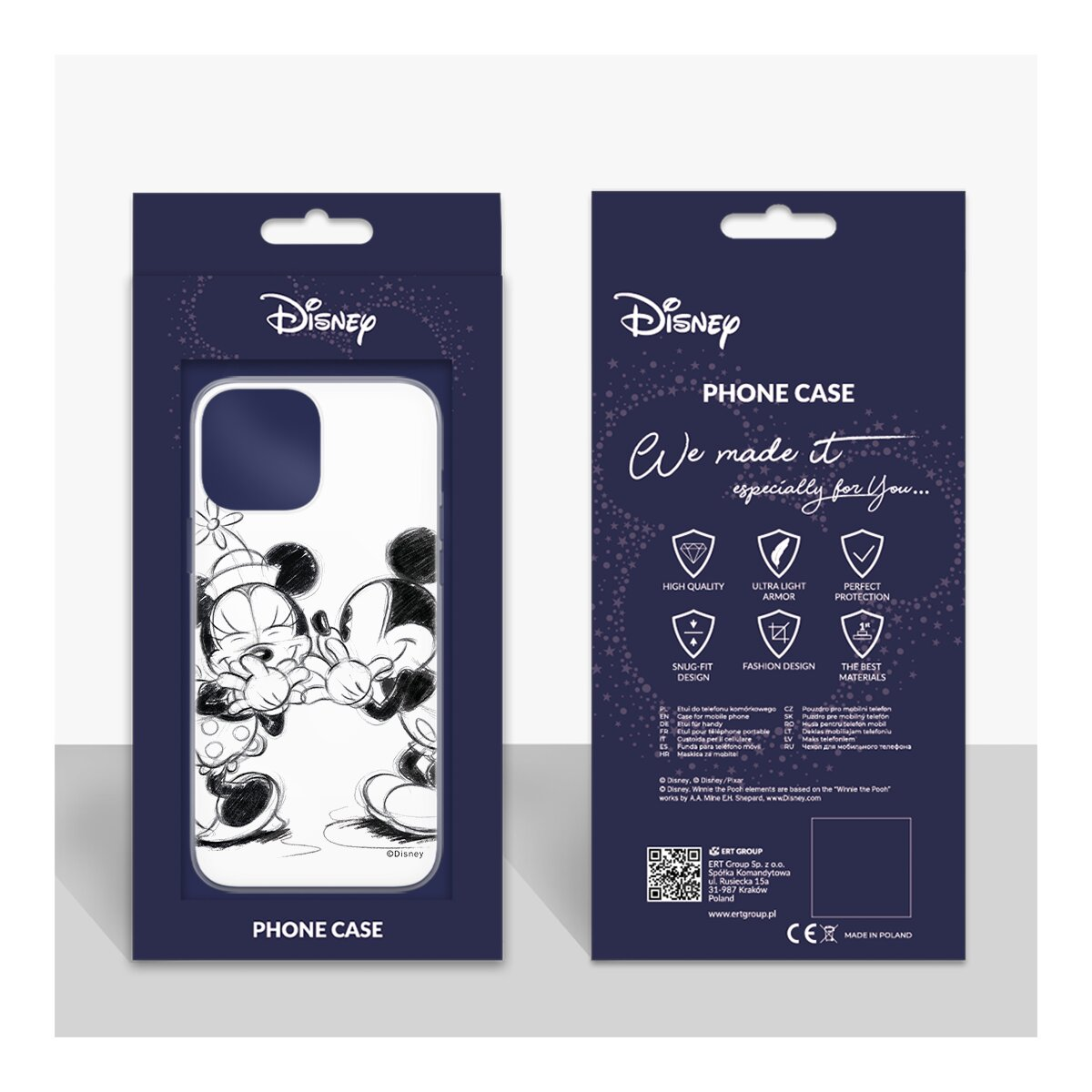 Handyhülle-Verpackung mit Minnie- und Mickey-Mouse-Zeichnung. Die Rückseite enthält Text über die Hülle und ihre Eigenschaften.