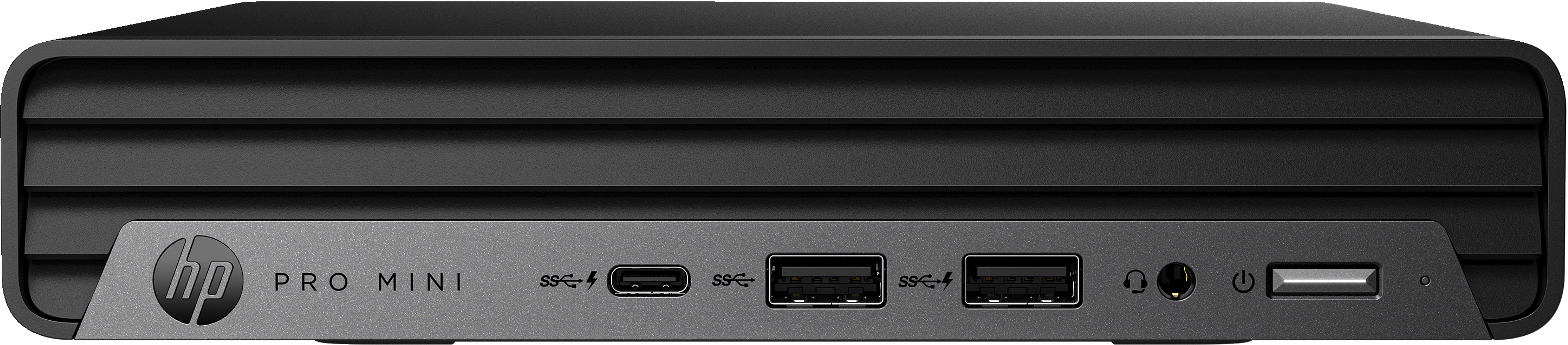 Un computer HP Pro Mini nero e grigio con porte USB e un pulsante di accensione.