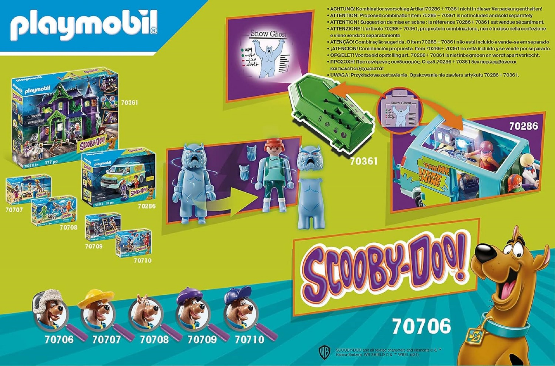 Scooby-Doo! Playmobil-Set mit verschiedenen Charakteren, einem Spukhaus und dem Mystery Machine-Van. Bunt und cartoonhaft.