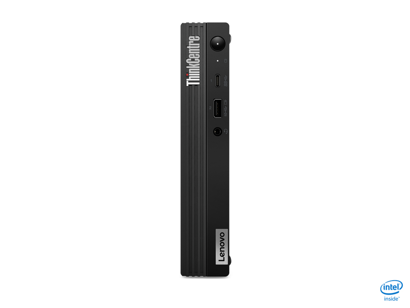 Un ordenador Lenovo ThinkCentre negro y delgado. Tiene puertos en el lateral y un botón de encendido.