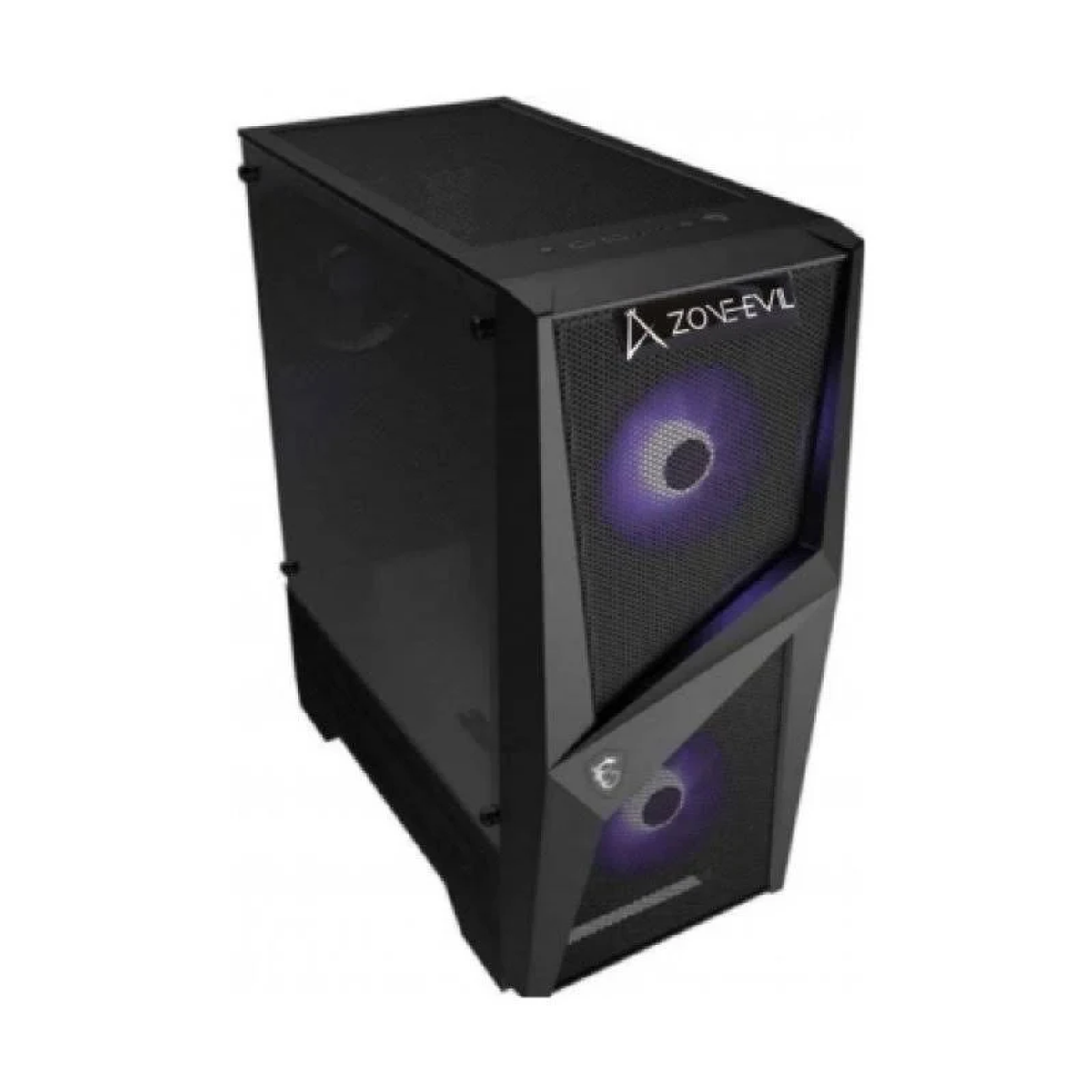 PC gaming negro con panel lateral de vidrio. Presenta un ventilador iluminado púrpura y el logo Zone-EVIL.