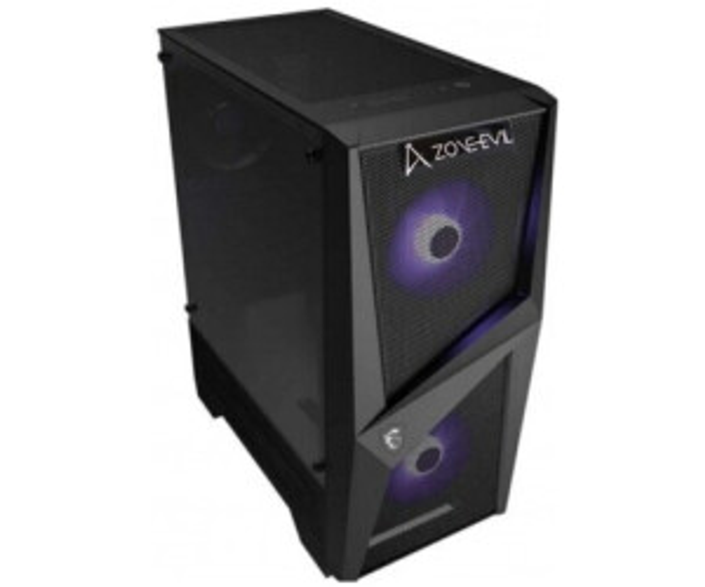 Carcasa de ordenador gaming negra con luces moradas y frontal de malla. La marca es A ZONE EVL.