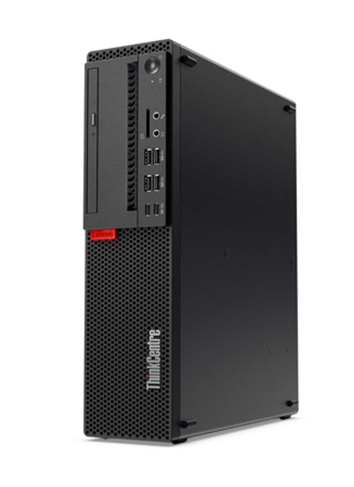 Schwarzer Lenovo ThinkCentre Desktop-Computer. Hat ein vertikales Design mit strukturierter Front und Laufwerksschacht.