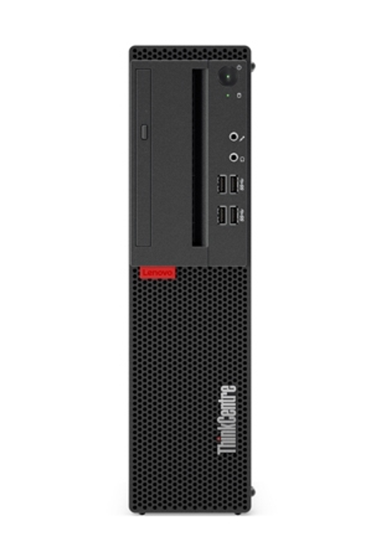 Schwarzer Lenovo ThinkCentre Desktop-PC, Vorderansicht, isoliert auf weißem Hintergrund.