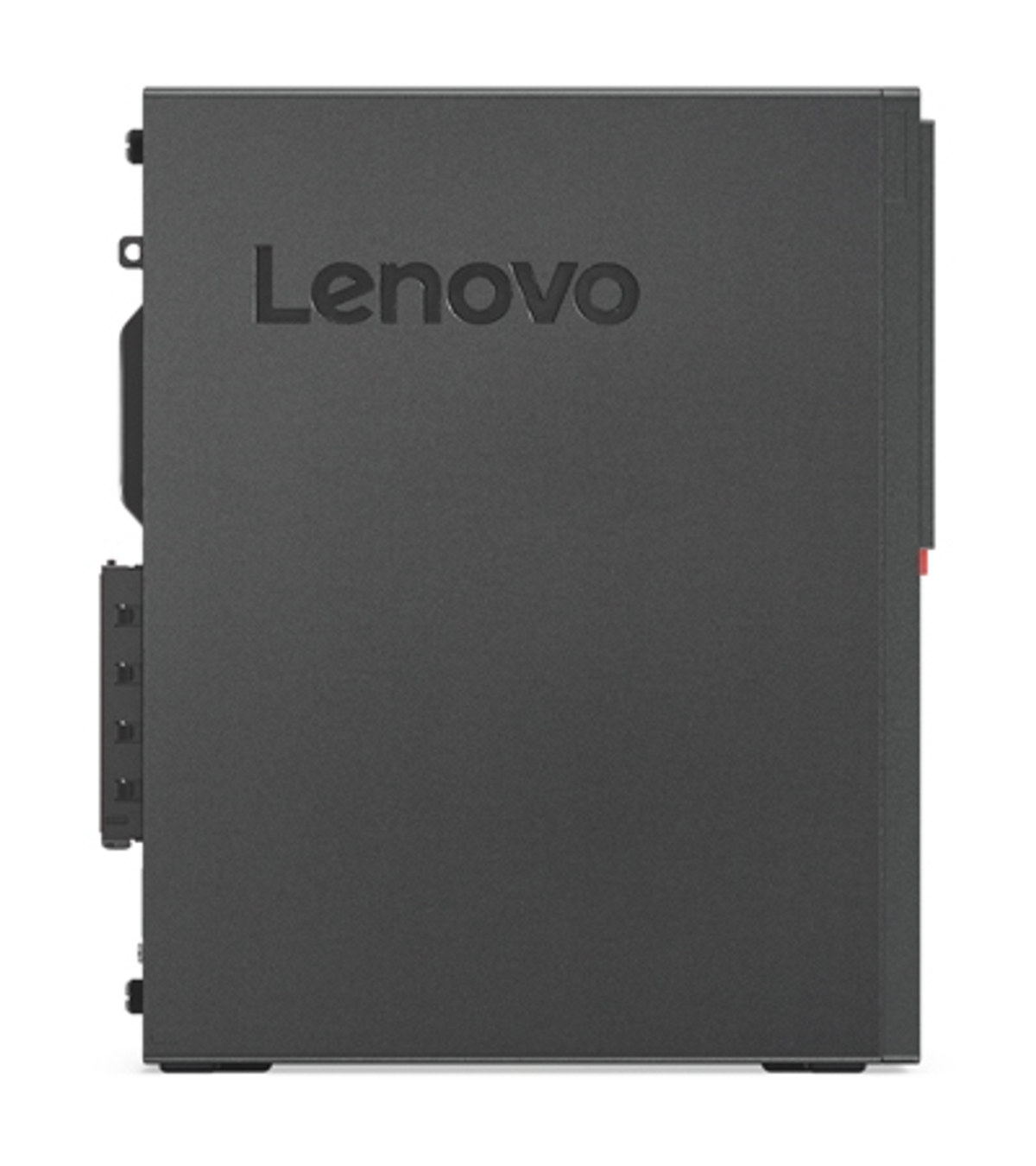 Seitenansicht eines schwarzen Lenovo Desktop-Computers mit geprägtem Lenovo-Logo.
