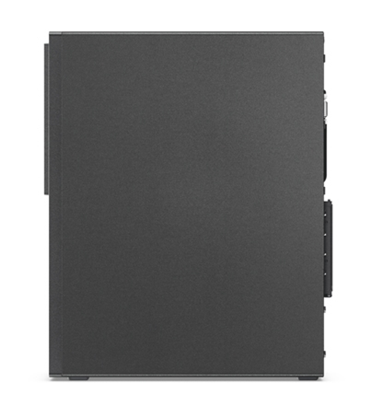 Eine Seitenansicht eines schwarzen Desktop-Computers, die Seitenwand zeigend.