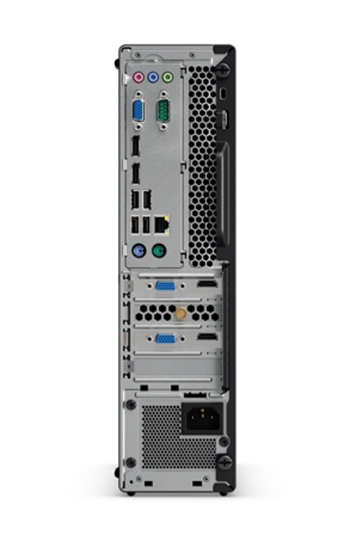 Rückansicht eines schwarzen Computers. Es zeigt Anschlüsse, Steckverbinder und eine Steckdose.