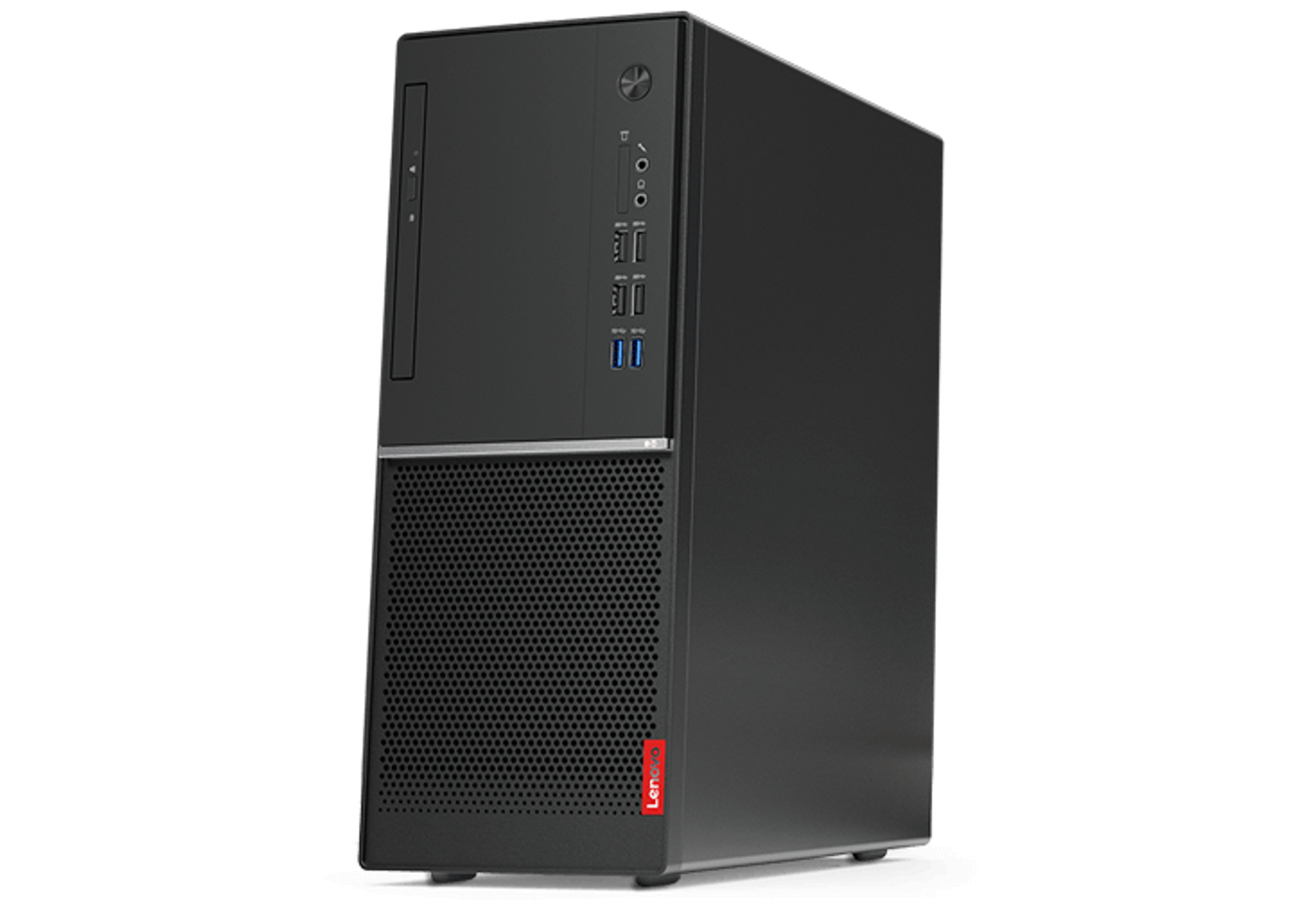Computer desktop Lenovo nero. Dispone di porte, pulsante di accensione e logo Lenovo. Sfondo bianco.