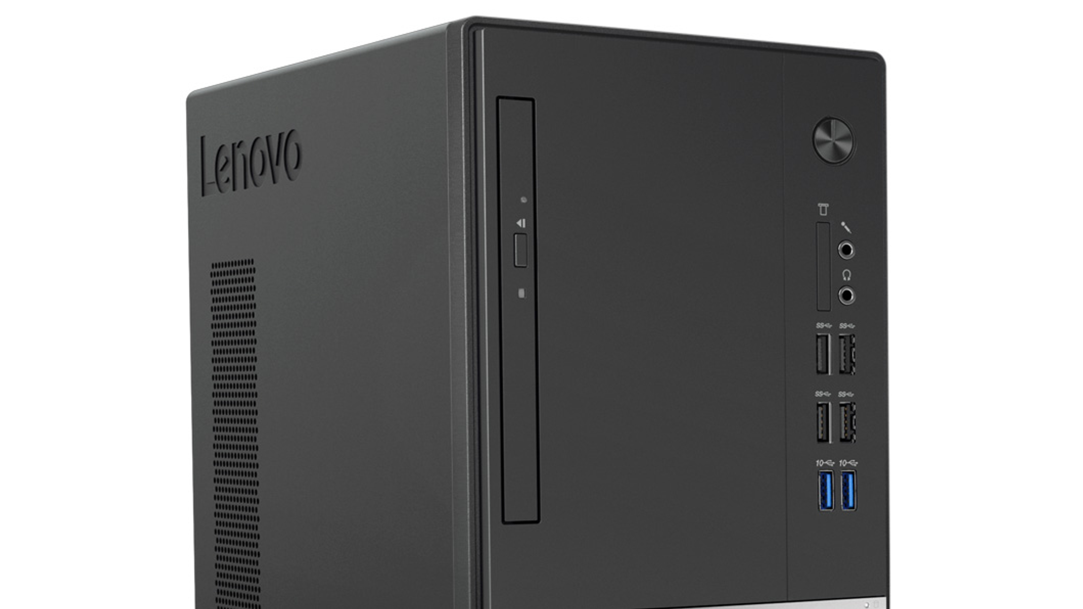 Computer desktop Lenovo nero. Logo Lenovo sul lato, con porte e lettore CD.