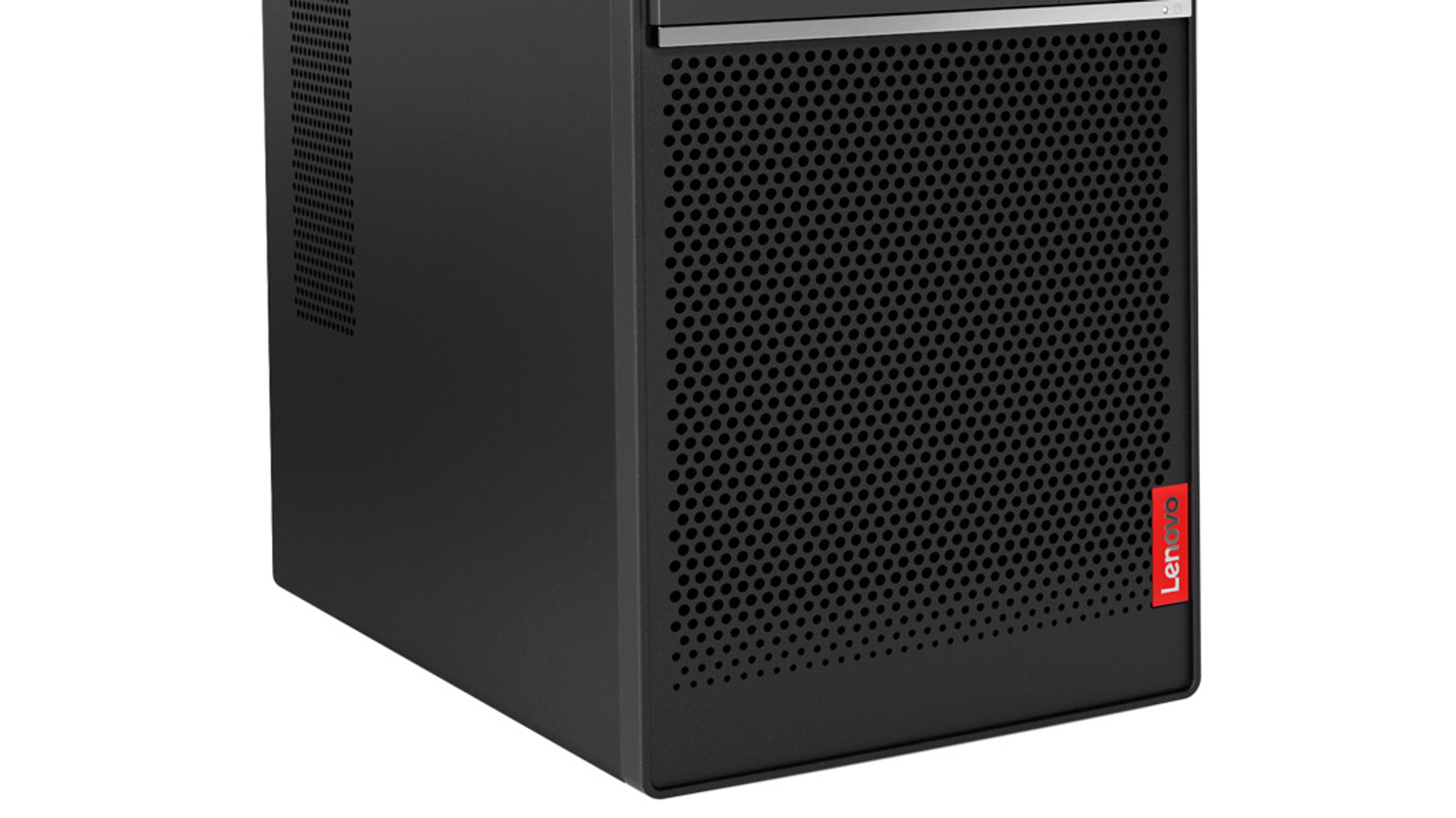 PC Lenovo nero. Ha un pannello frontale perforato e il logo Lenovo. La vista laterale è su una superficie bianca.