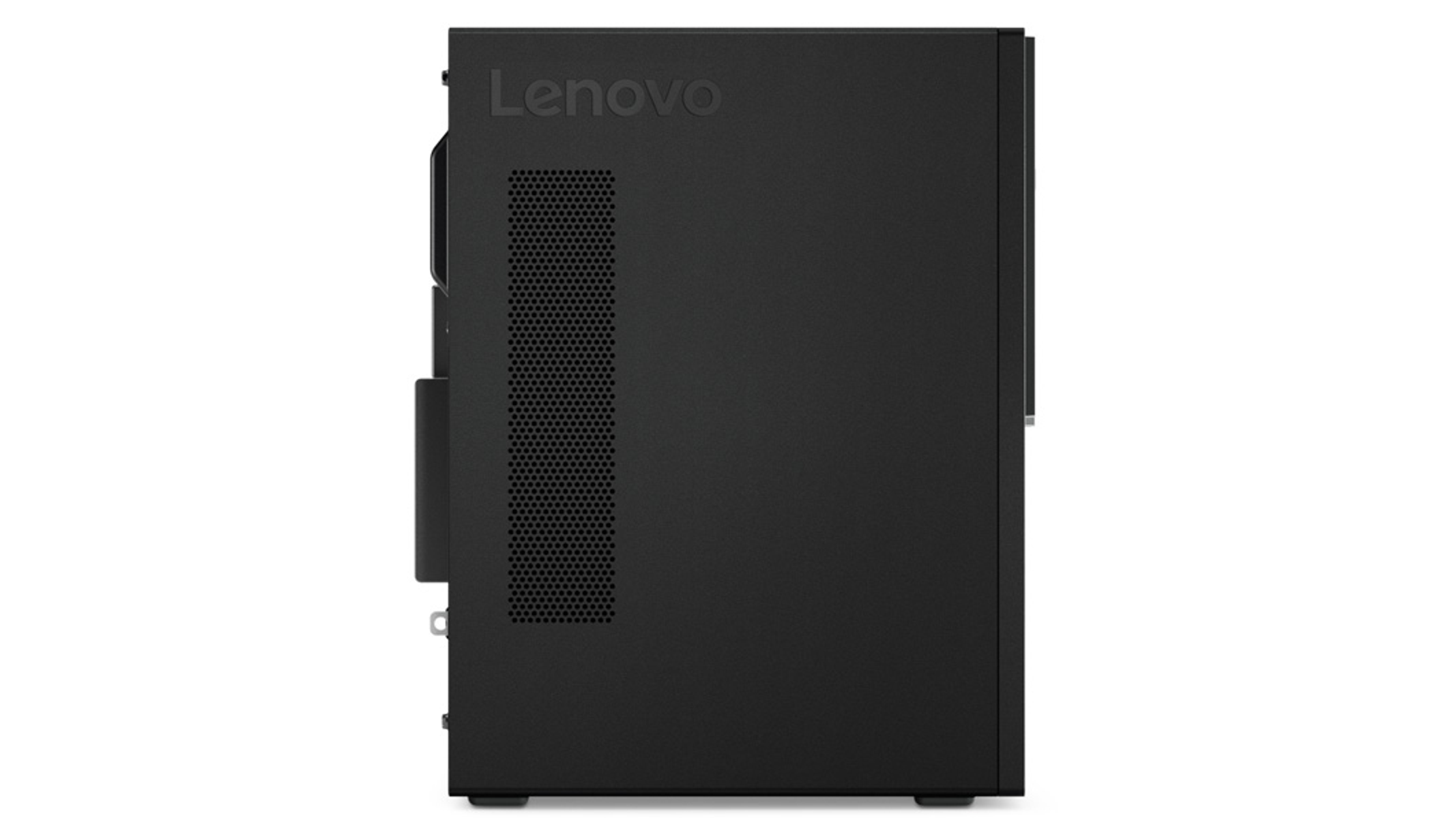 Computer desktop Lenovo nero, vista laterale, che mostra il pannello laterale e il logo.