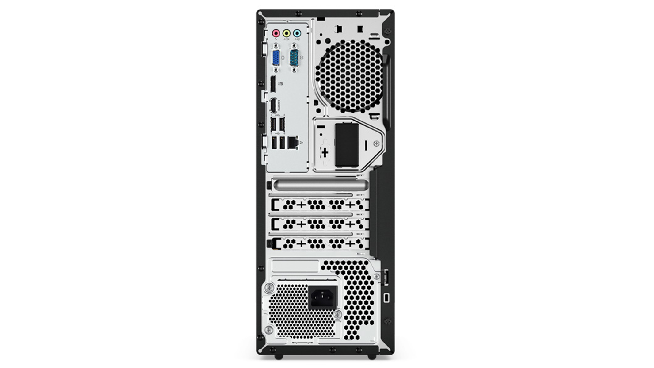 Vista posteriore di un computer nero, che mostra porte e connessioni.