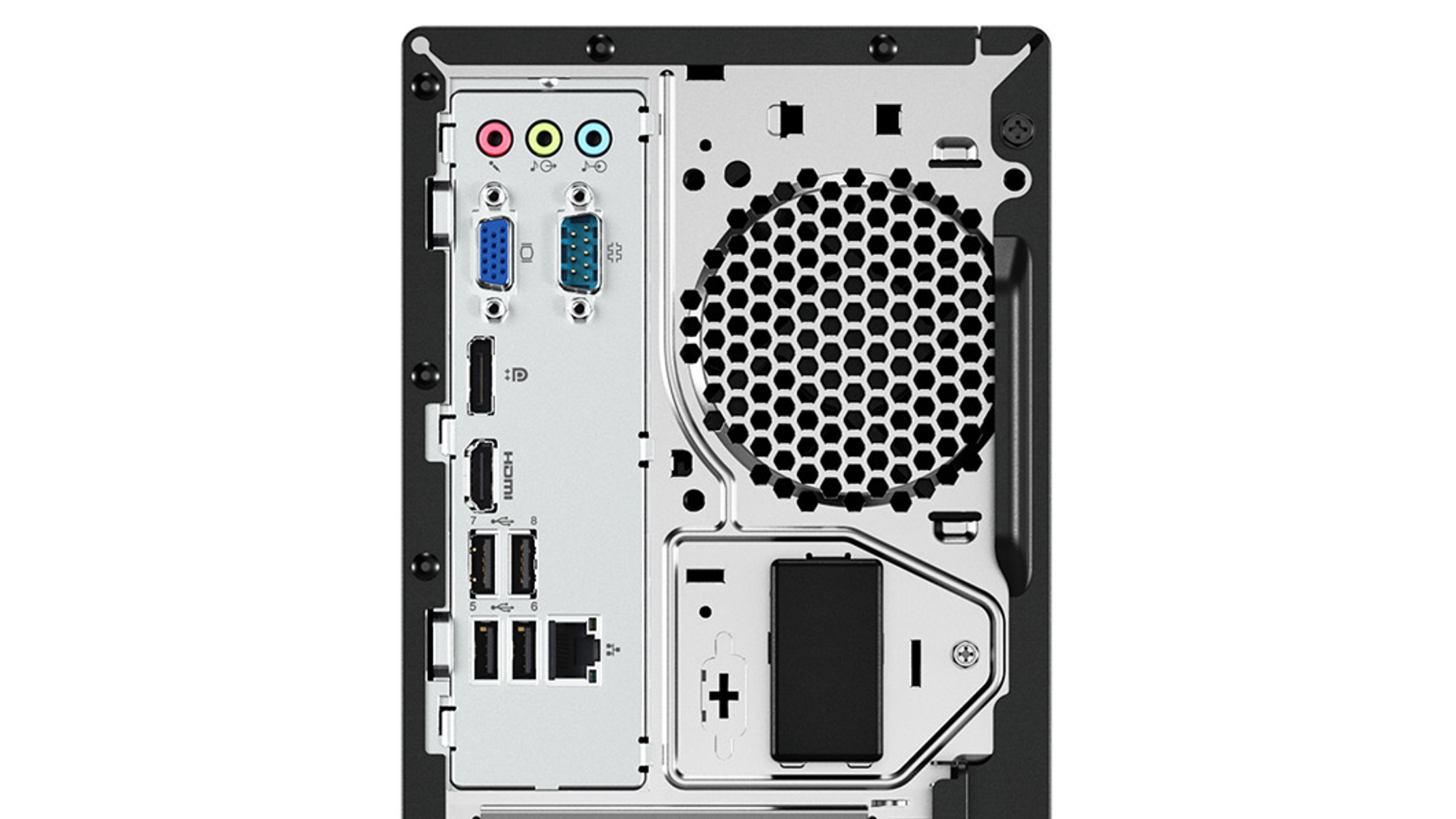 Pannello posteriore di un computer. Varie porte e connessioni. Ventola. Sfondo bianco.
