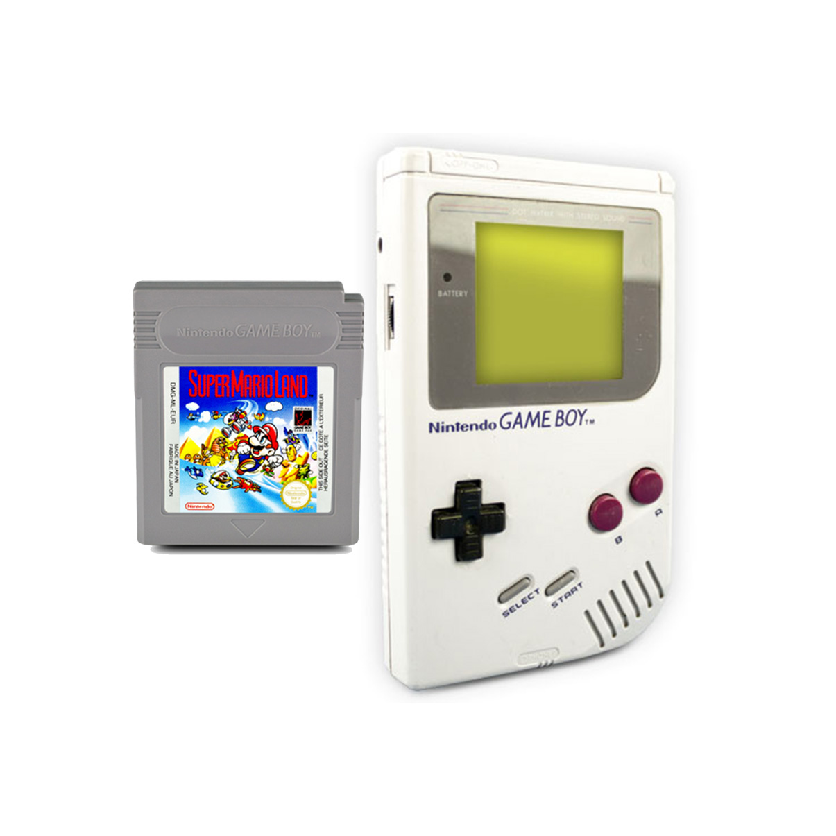 Weiße Game Boy-Konsole mit einer Super Mario Land-Cartridge daneben. Weißer Hintergrund.