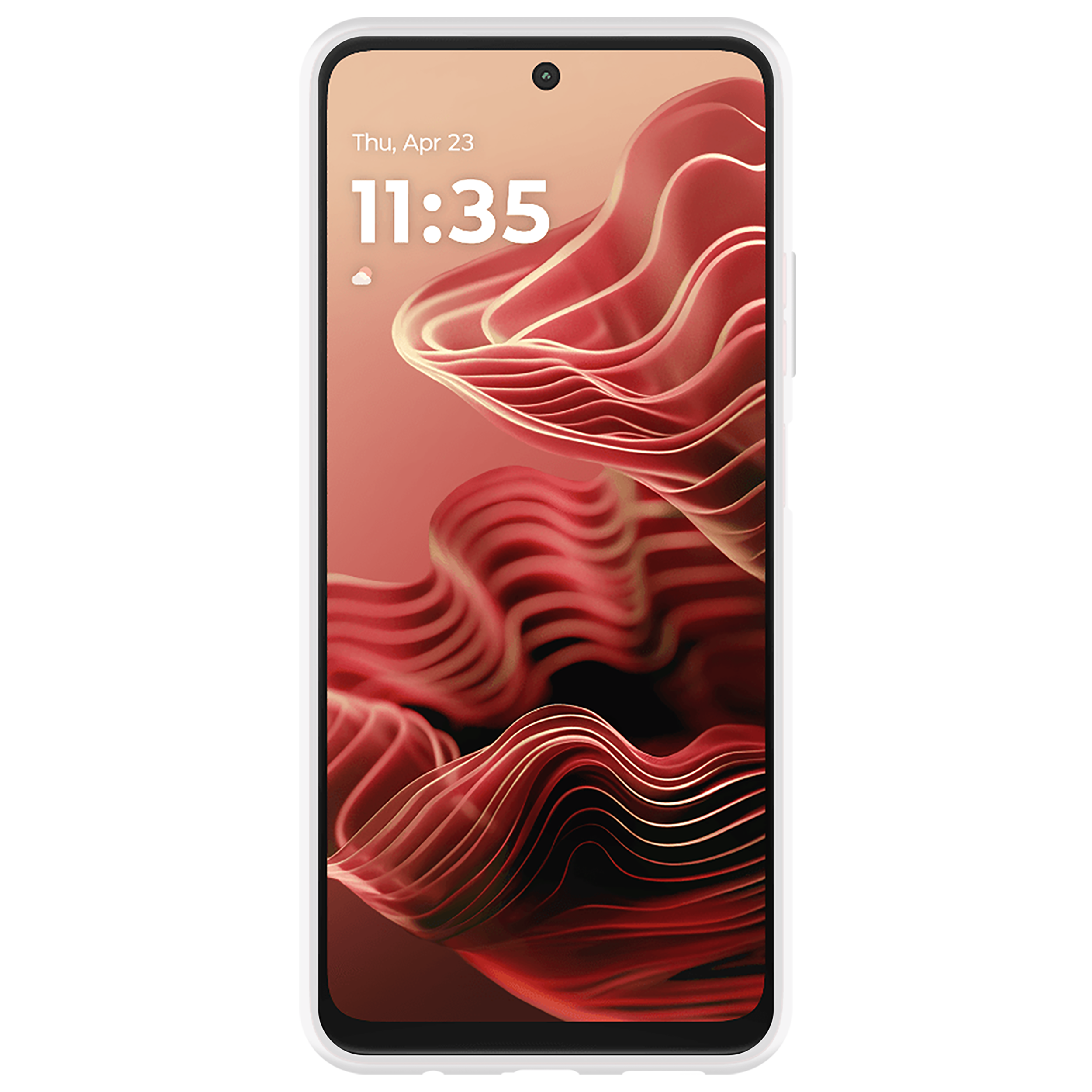 Ein Smartphone, das Datum und Uhrzeit anzeigt, mit einem roten und wellenförmigen abstrakten Hintergrund.