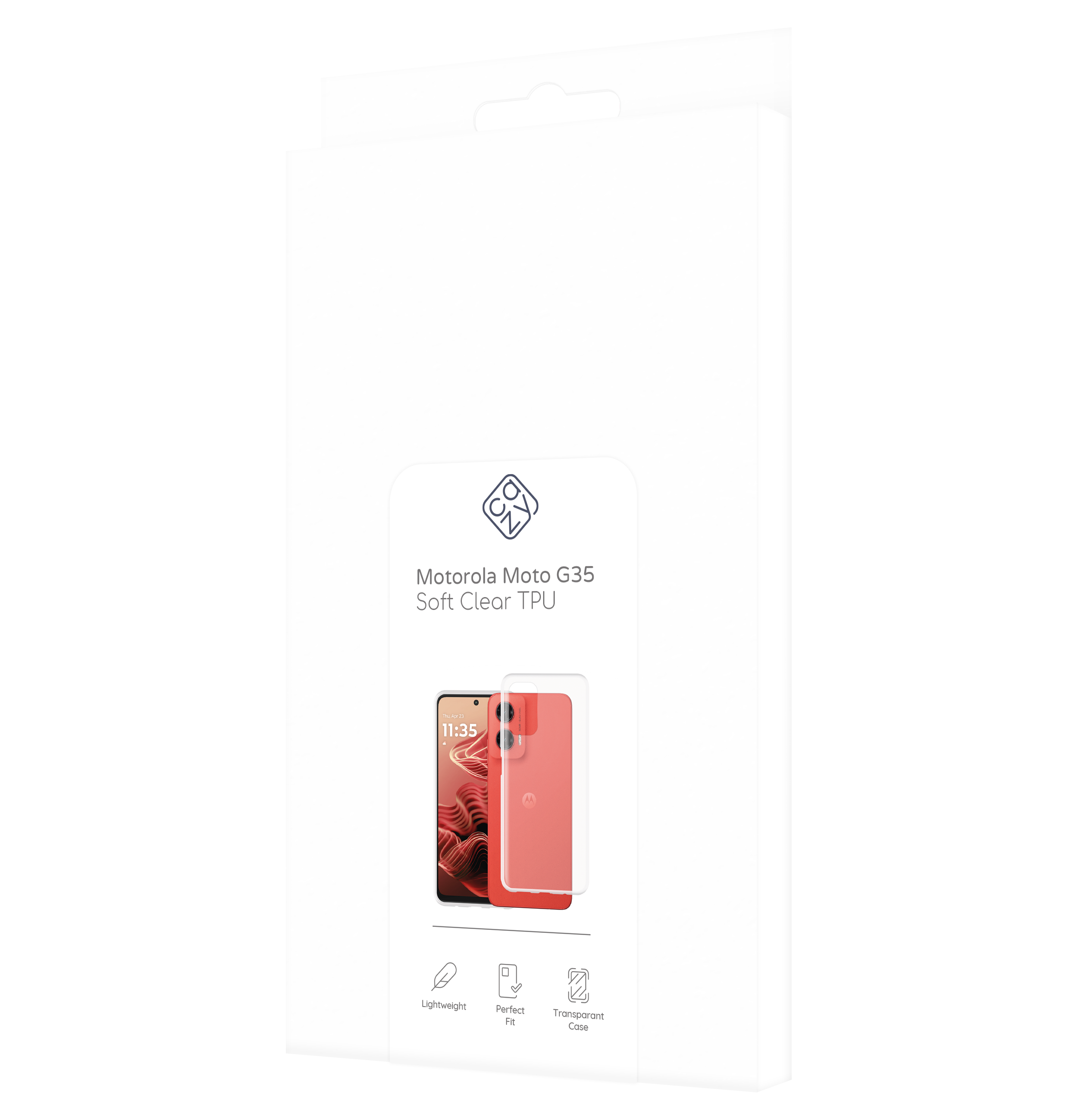 Weiße Schachtel mit einer Handyhülle. Die Hülle ist transparent und zeigt ein rotes Telefon.