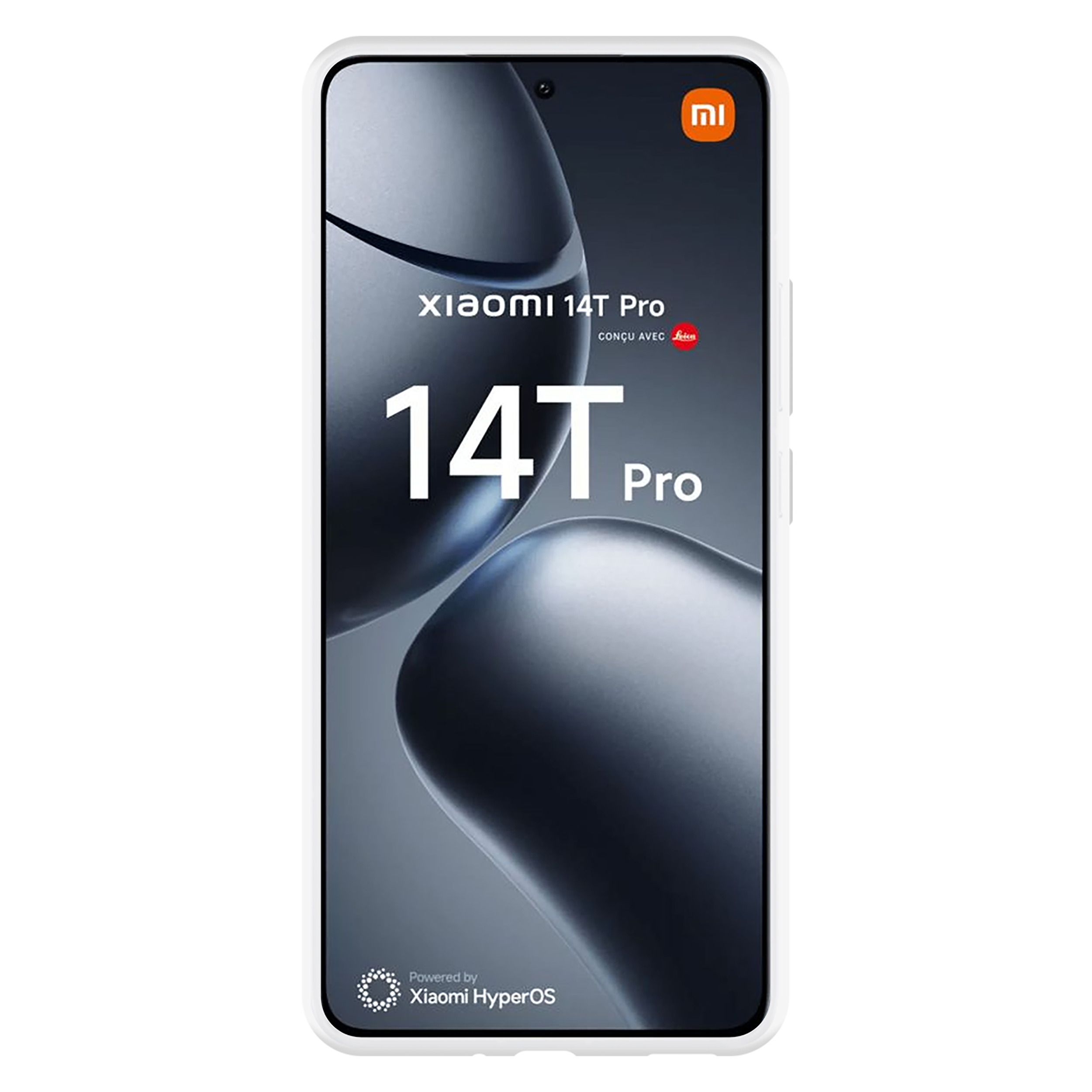 Weißes Telefon mit schwarzem Display, das 'Xiaomi 14T Pro' und anderen Text zeigt.