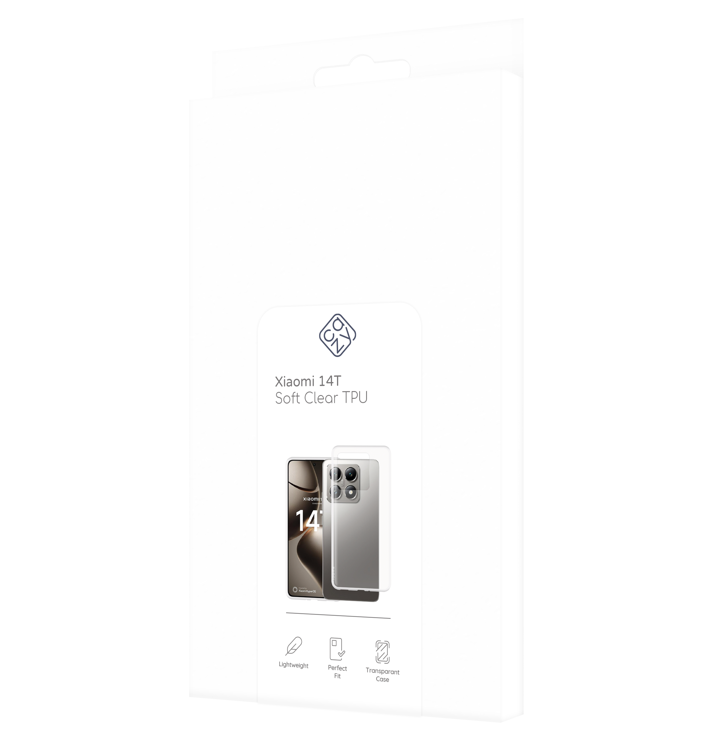 Weißer Karton mit Xiaomi 14T Soft Clear TPU-Hülle, einem Telefonbild und Symbolen für Funktionen.