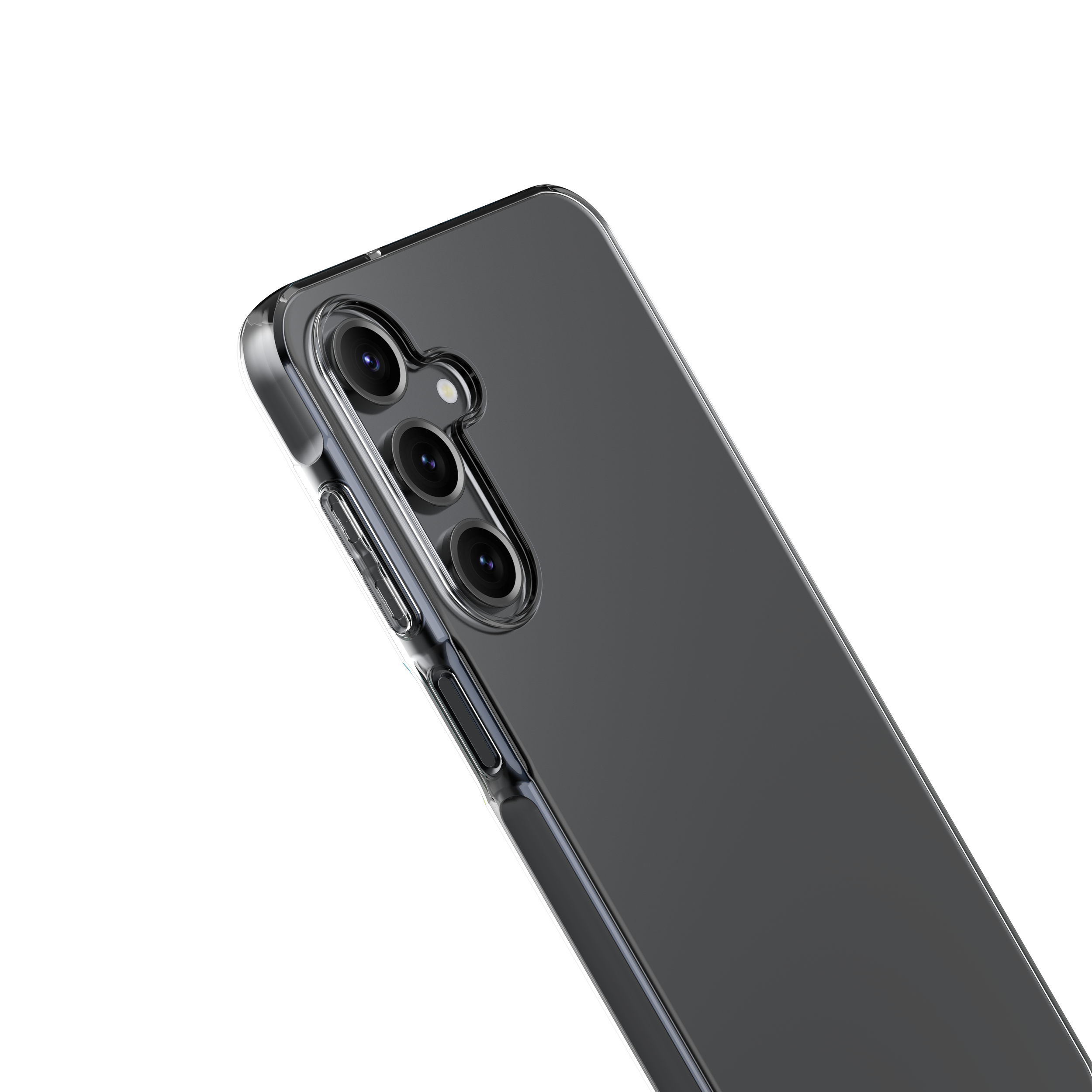 Eine schwarze Smartphone-Hülle mit drei Kameralinsen. Das Telefon auf schwarzem Hintergrund.
