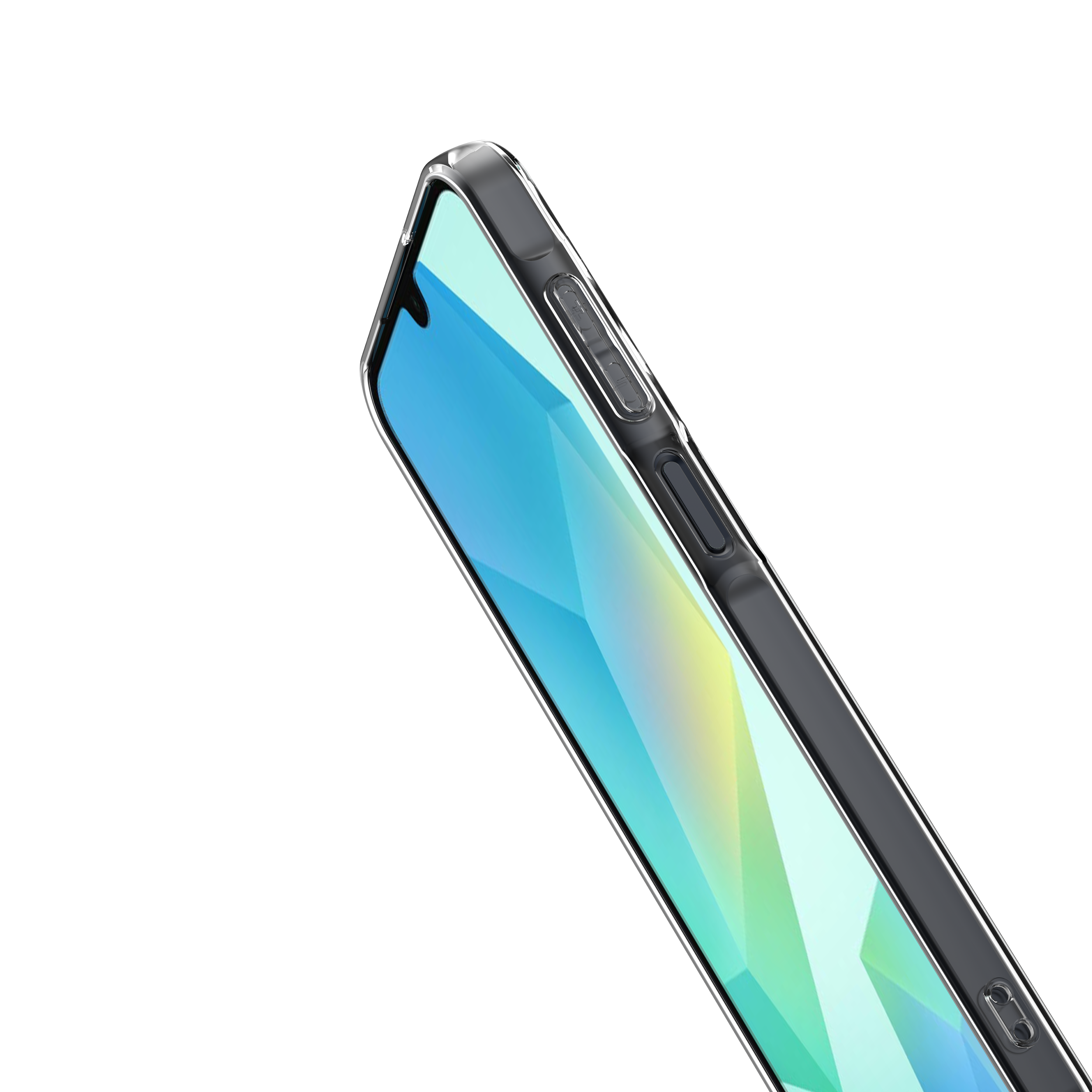 Telefon in einer Hülle, abgewinkelt, zeigt Bildschirm mit Farben und Seitentasten.