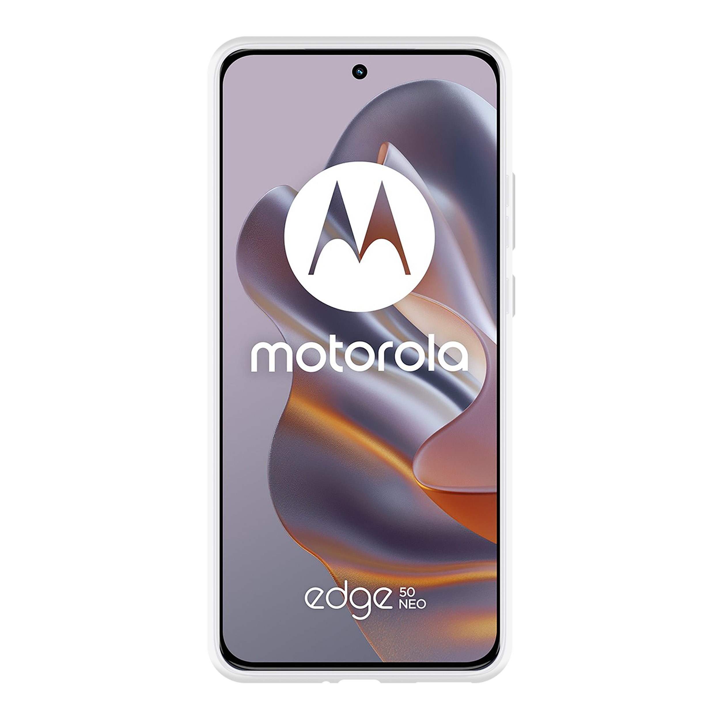 Motorola-Handy mit weißem Rahmen. Der Bildschirm zeigt ein Logo und das Wort "motorola".