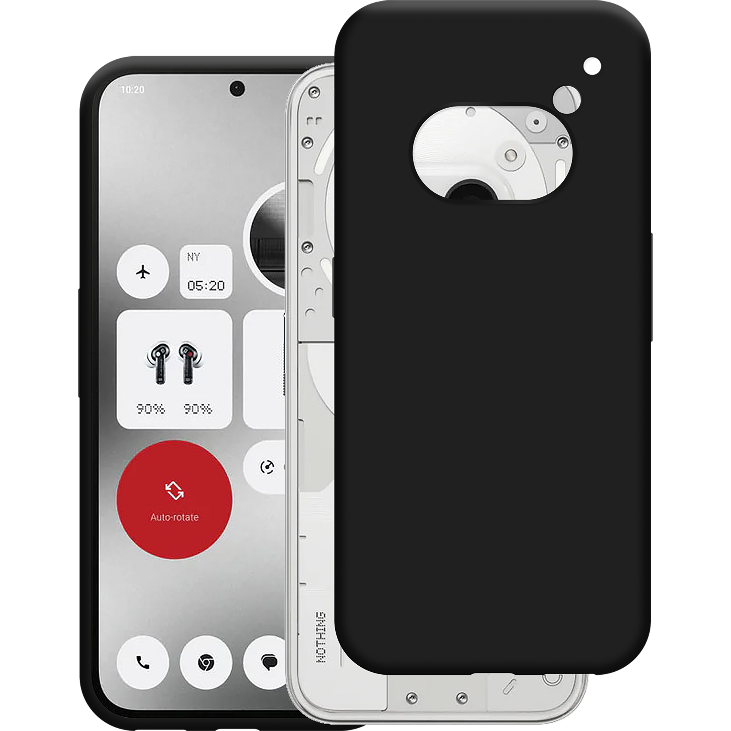 Schwarzes Telefon mit schwarzer Hülle und Bildschirmanzeige. Der Bildschirm zeigt App-Symbole und Oberflächenelemente.