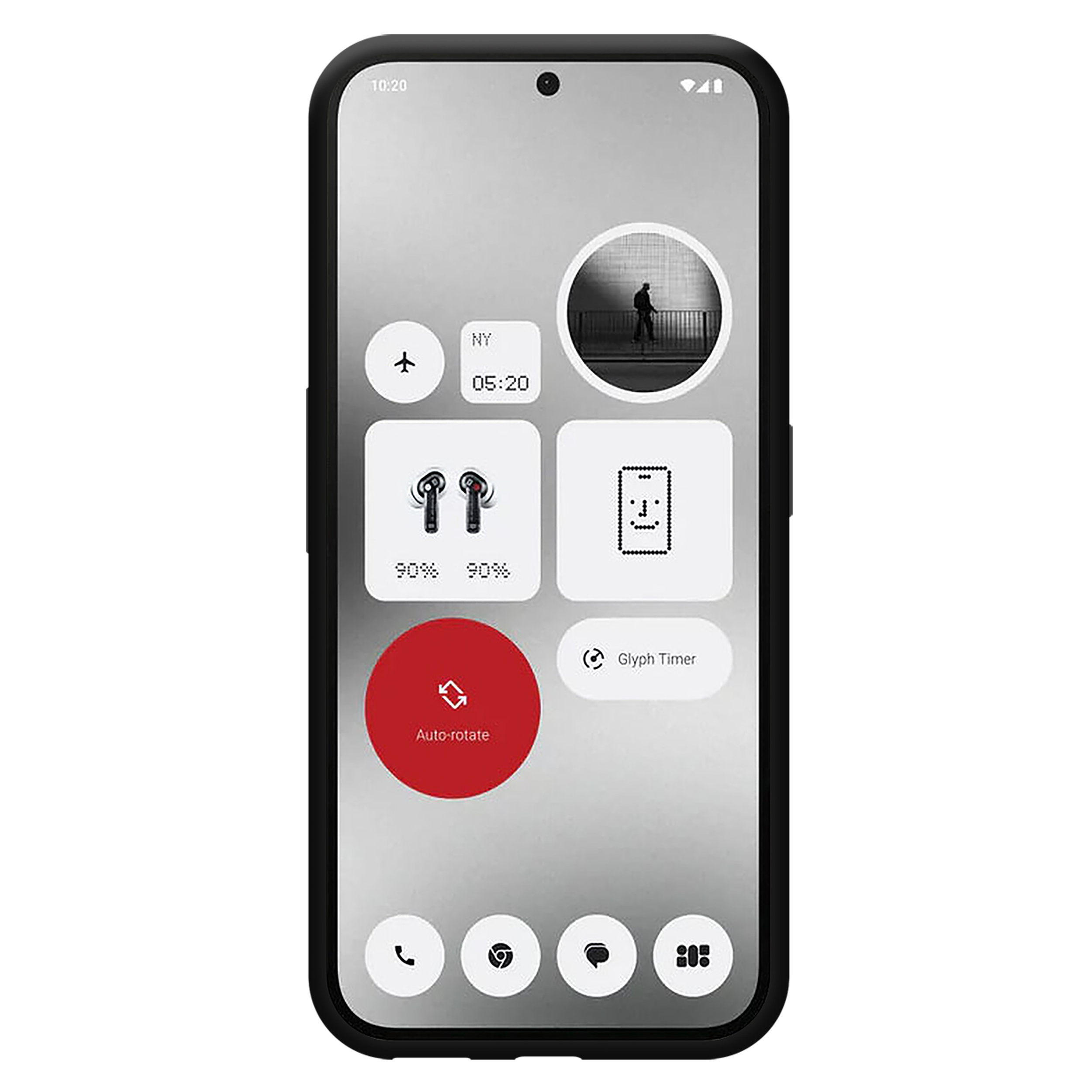 Smartphone-Bildschirm mit Widget-Layout, Uhrzeit, Flugmodus und anderen App-Symbolen.