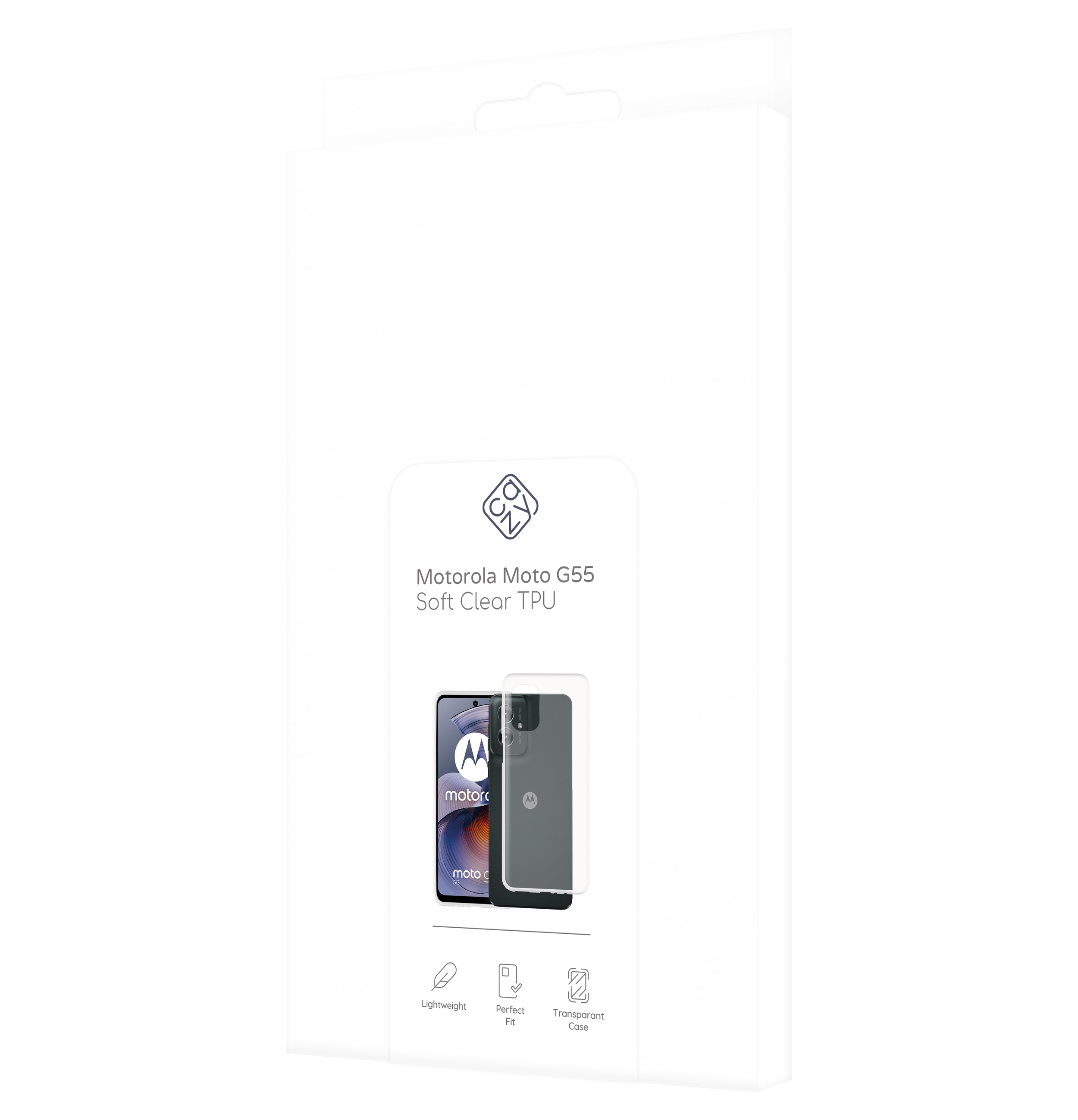 Weißer Karton mit einer transparenten Handyhülle mit Motorola-Logo und Text.