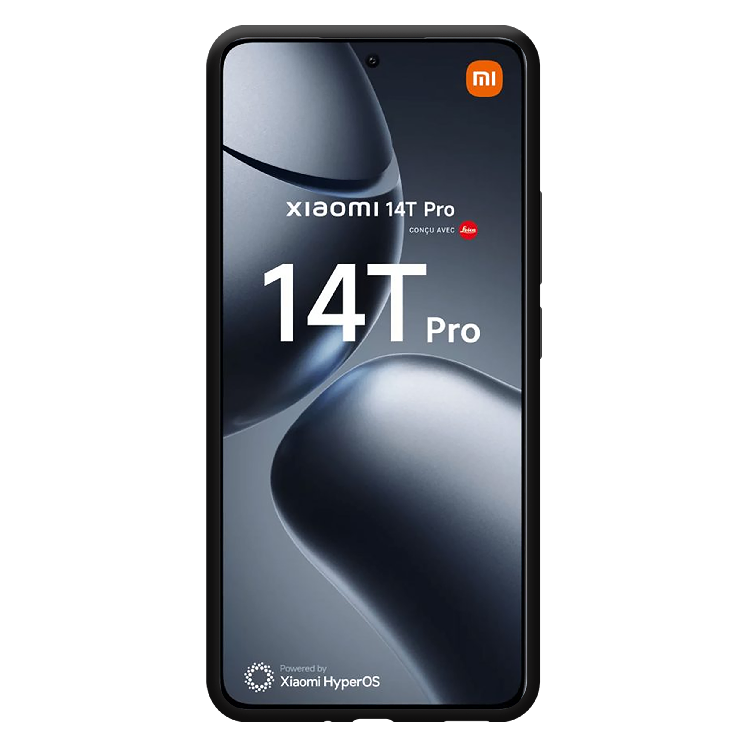 Xiaomi 14T Pro Telefon auf schwarzem Hintergrund. Der Telefonbildschirm ist sichtbar mit dem Xiaomi-Logo oben.
