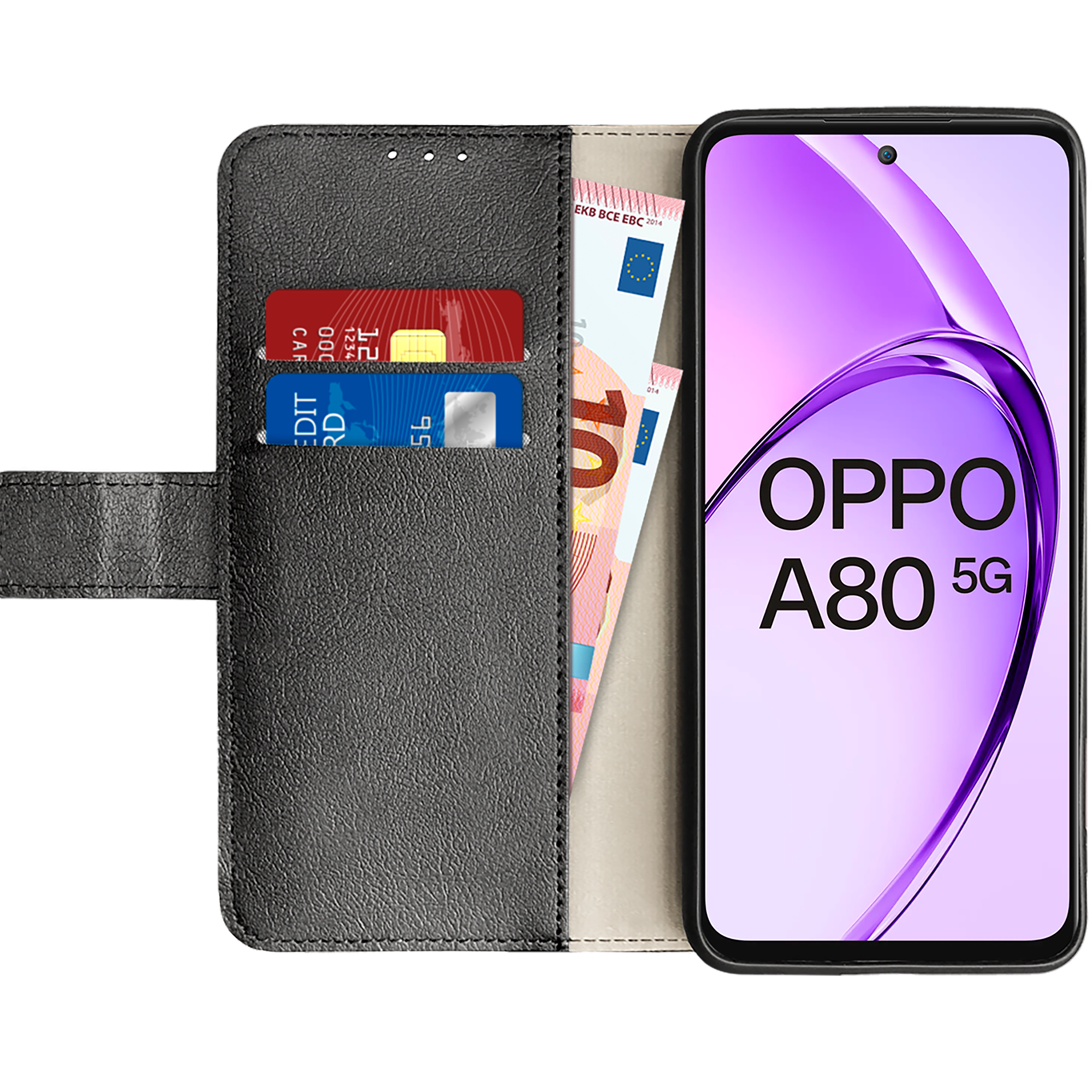 Ein Telefon in einer Brieftasche mit Kreditkarten und Geld. Das Telefon zeigt das OPPO A80 5G-Logo.