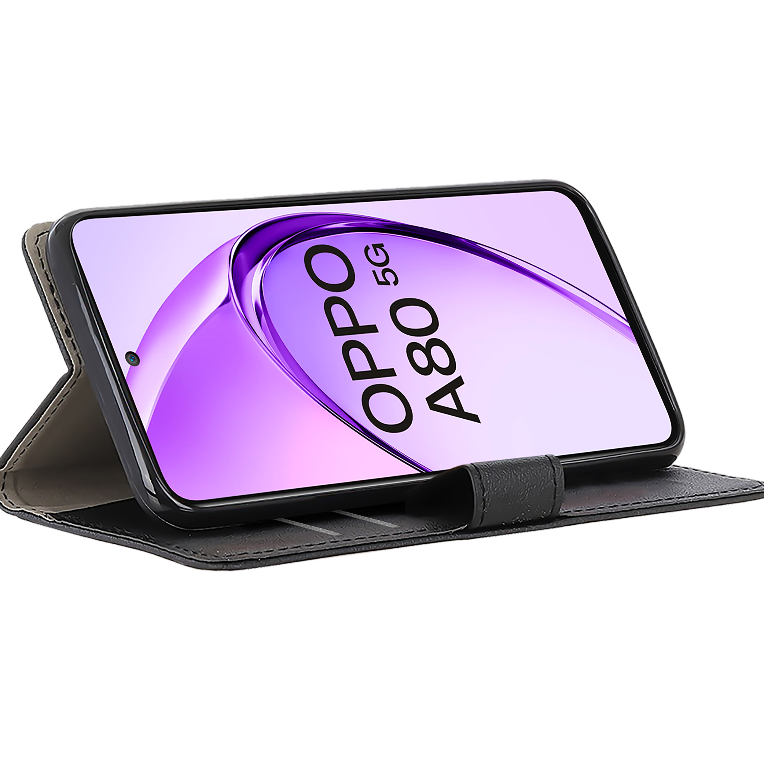 Ein Telefon in einer schwarzen Hülle. Der Bildschirm zeigt das OPPO A80 5G Logo.