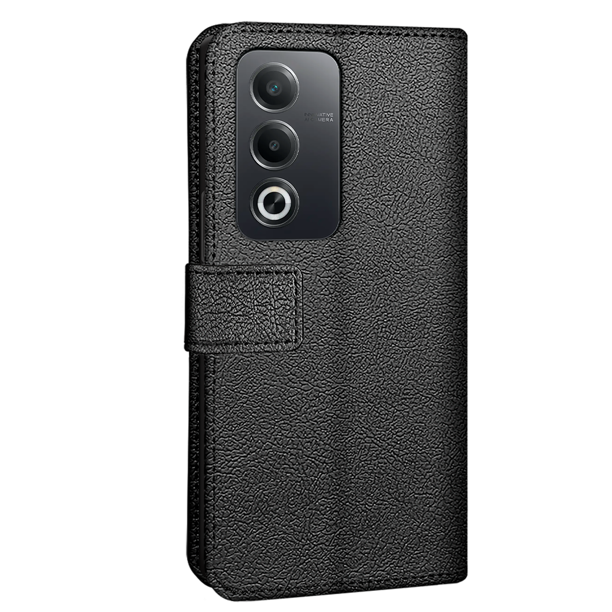 Schwarze Handyhülle mit Telefon, Dreifach-Kamera auf schwarzem Hintergrund.