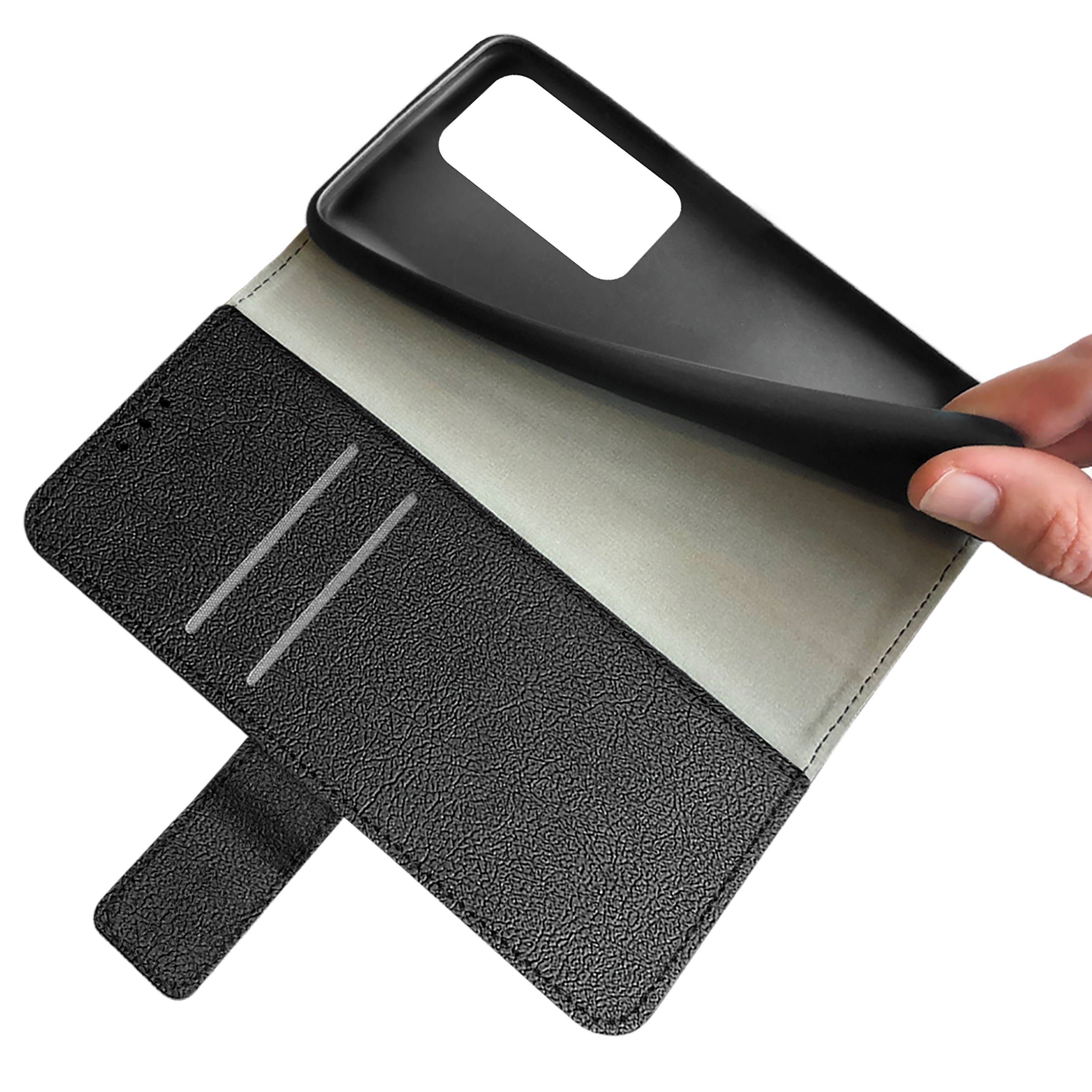 Schwarze Handyhülleninnenseite mit Telefon und Kreditkartenfächern.
