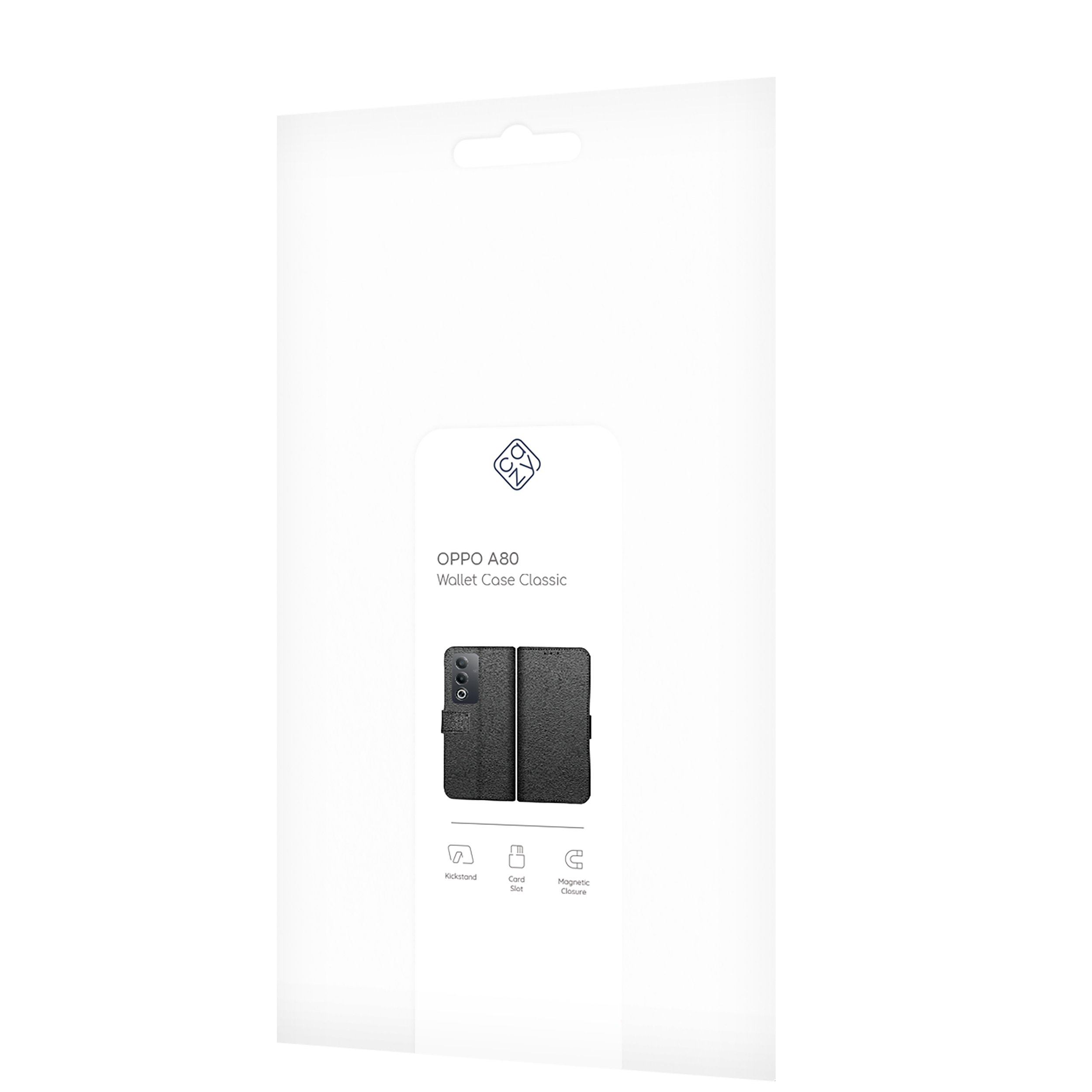 Weiße OPPO A80 Handyhüllen-Verpackung. Produktbild, Eigenschaften: Ständer, Kartenfach, Magnetverschluss.