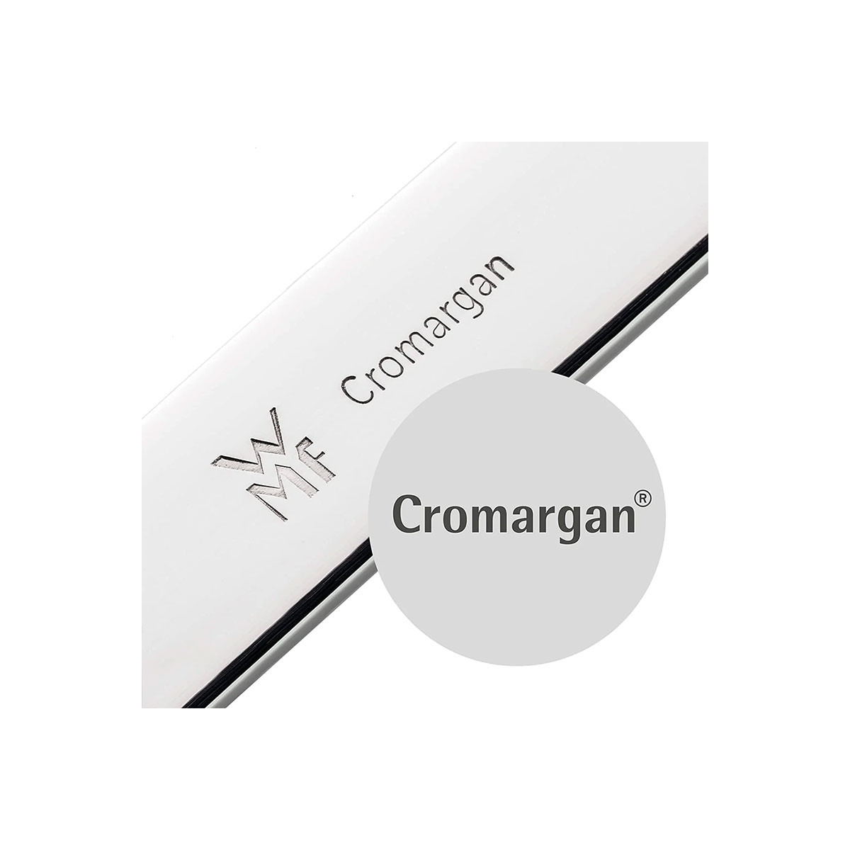 Zbliżenie ostrza noża z logo Cromargan i WMF.