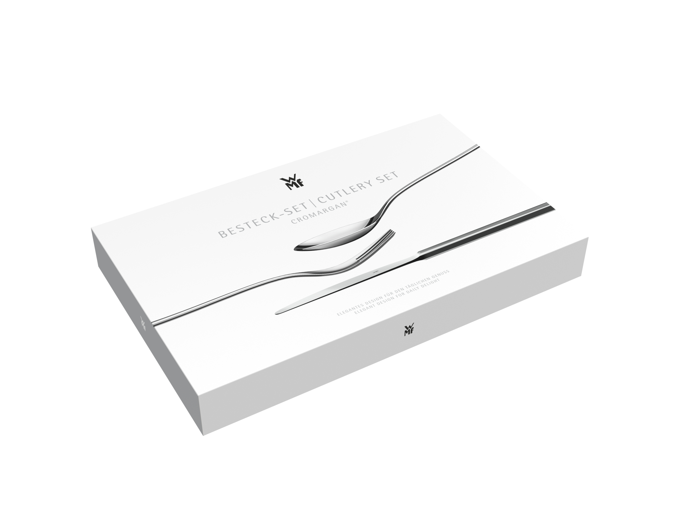 Białe pudełko na zestaw sztućców. Pudełko jest prostokątne, z łyżką i widelcem na okładce.