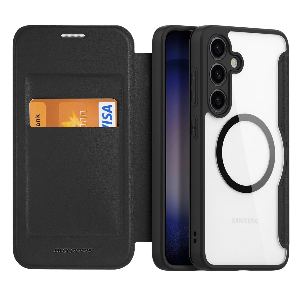 Una custodia nera per telefono con un telefono e una carta all'interno. Il telefono è bianco e ha tre fotocamere.