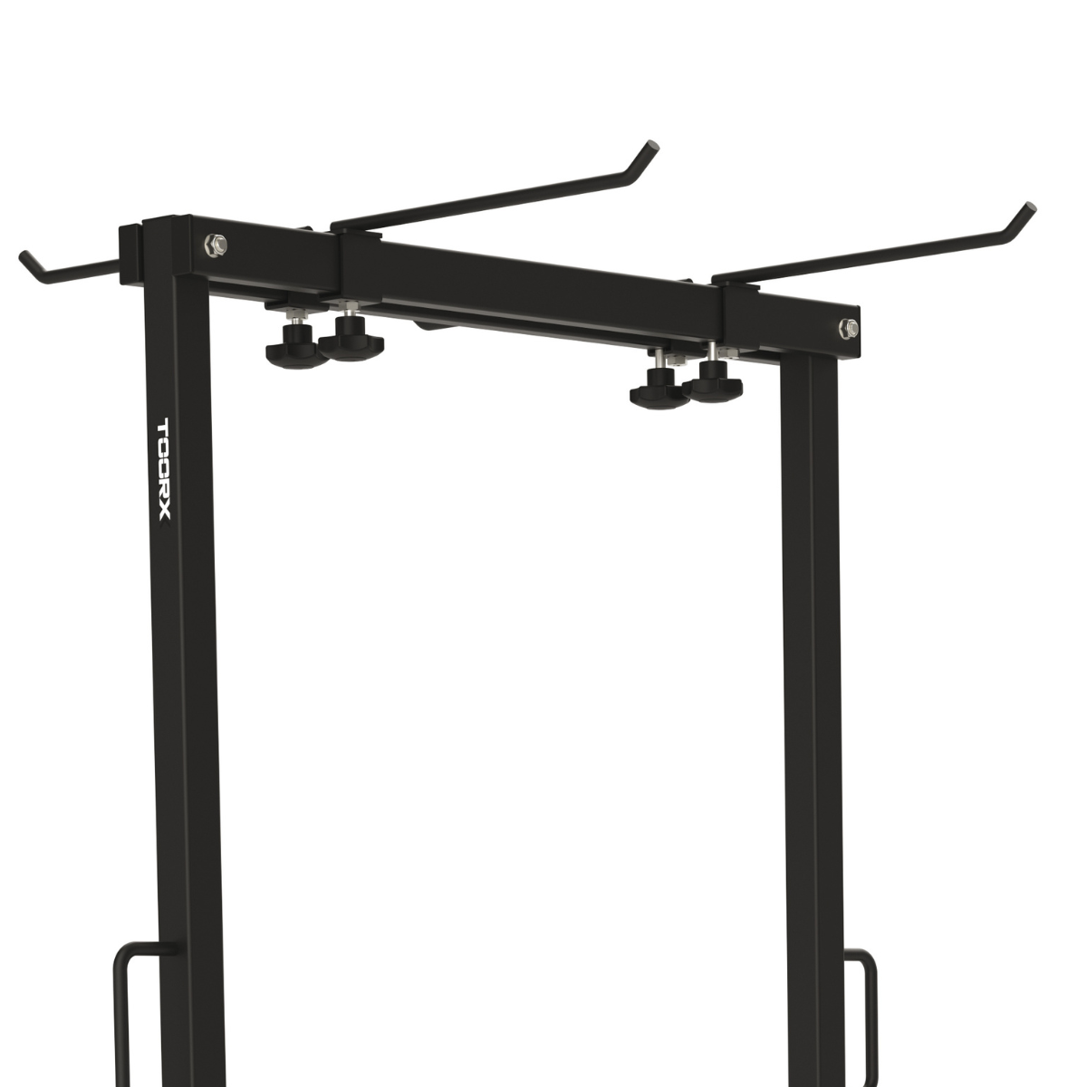 Zwarte metalen standaard met twee armen, met verstelbare knoppen.