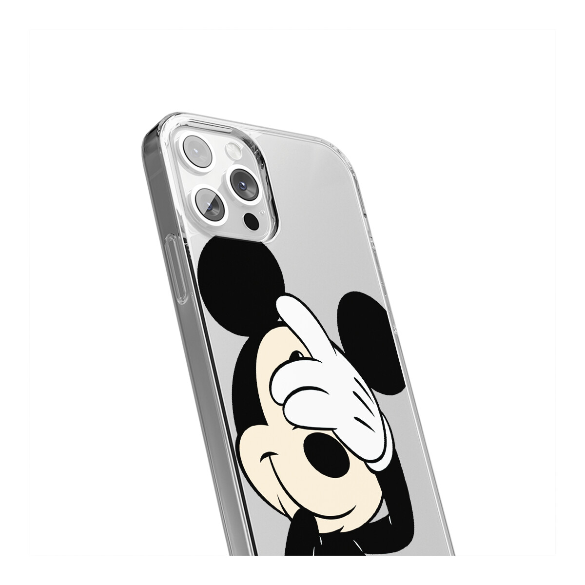 Custodia trasparente per telefono con design di Topolino, su un telefono, su sfondo bianco.