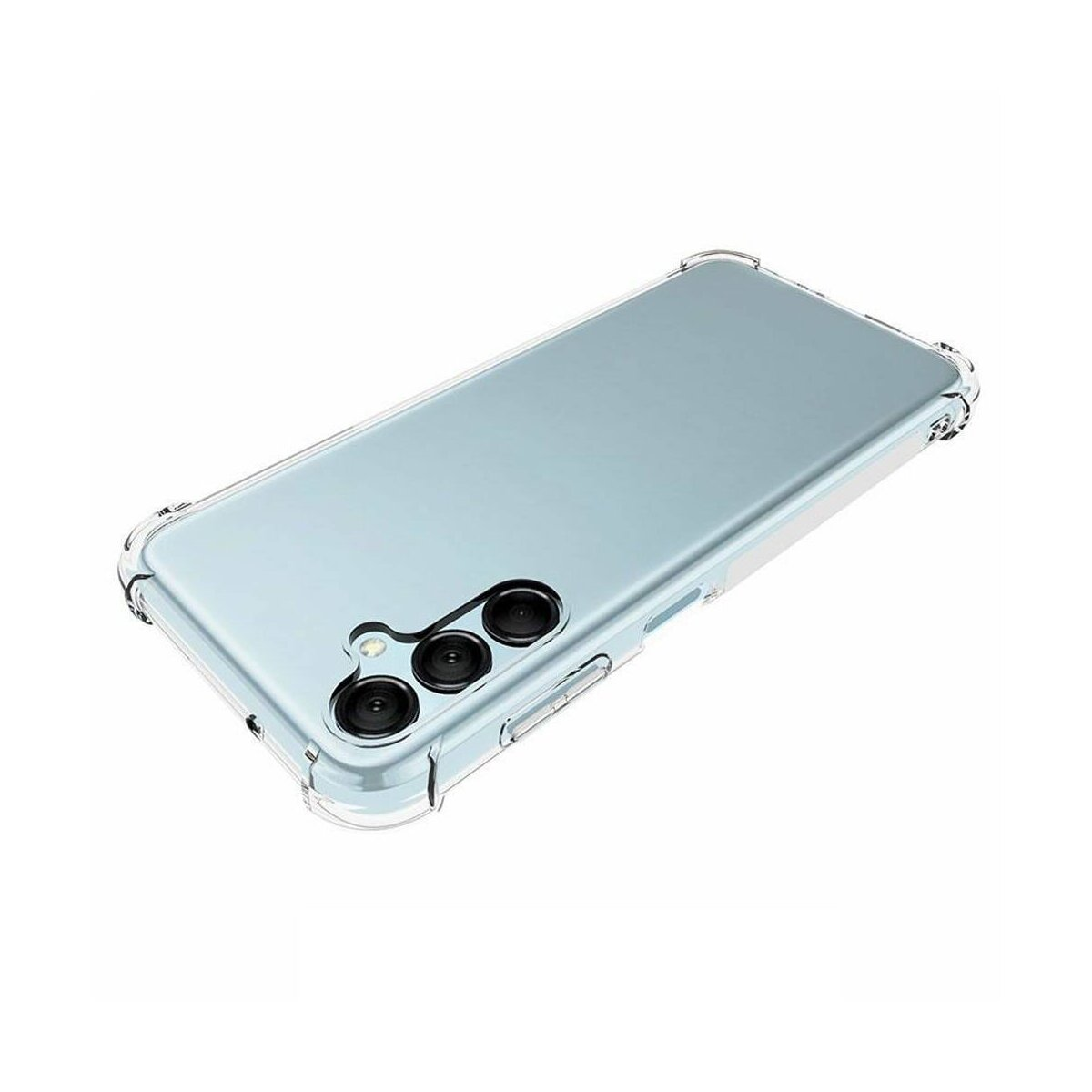 Un telefono azzurro in una custodia trasparente. Il telefono ha tre fotocamere e un pulsante laterale.