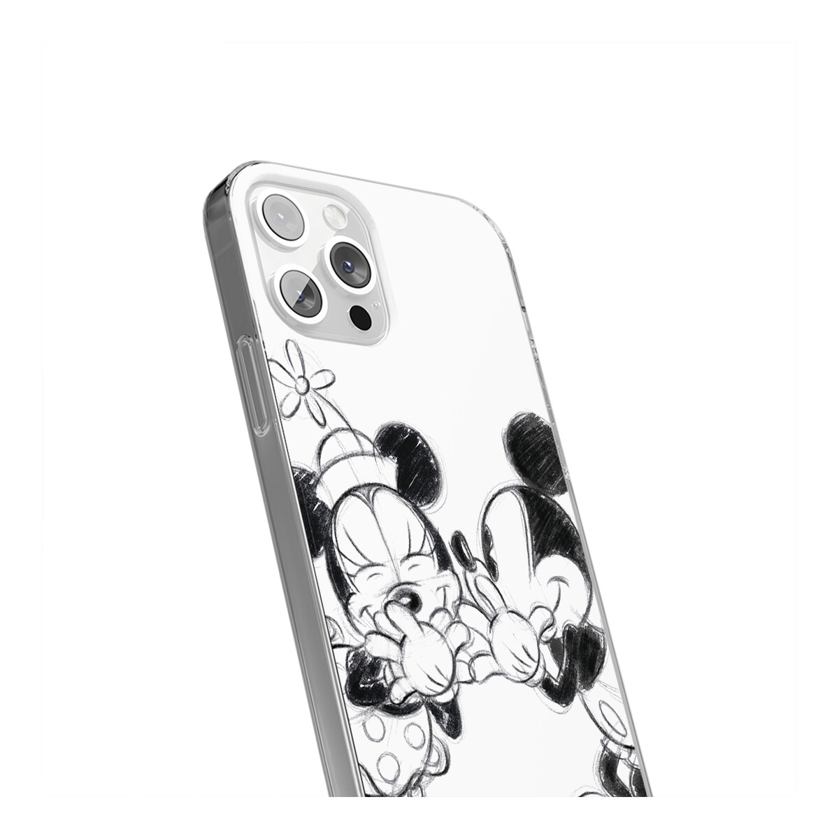 Una custodia per telefono con un disegno di Minnie e Mickey Mouse. Ha un retro trasparente e un ritaglio per la fotocamera.