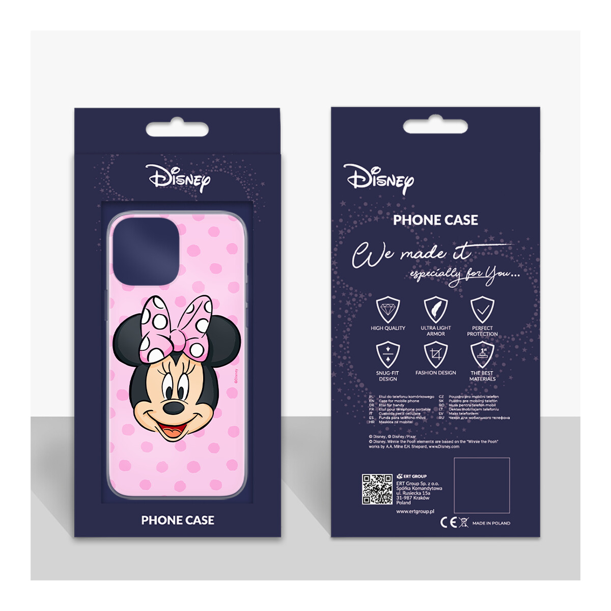 Custodia rosa per telefono con design Minnie Mouse. La confezione ha il logo Disney su sfondo blu.