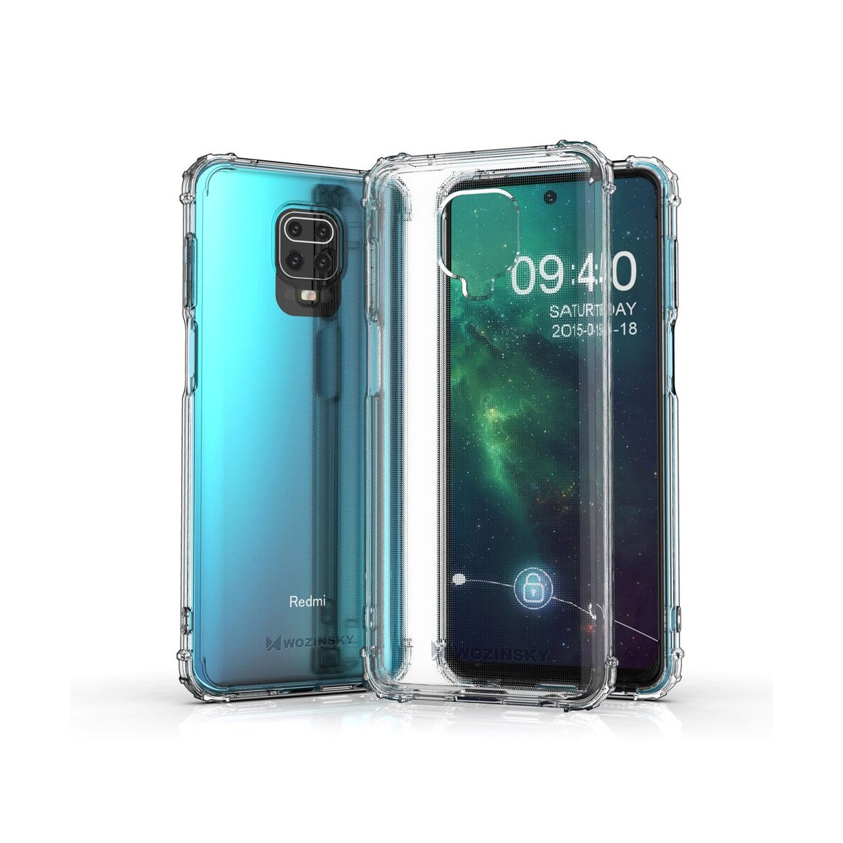 Drei transparente Handyhüllen, die ein Telefon mit einer Anzeige von Uhrzeit und Datum zeigen.