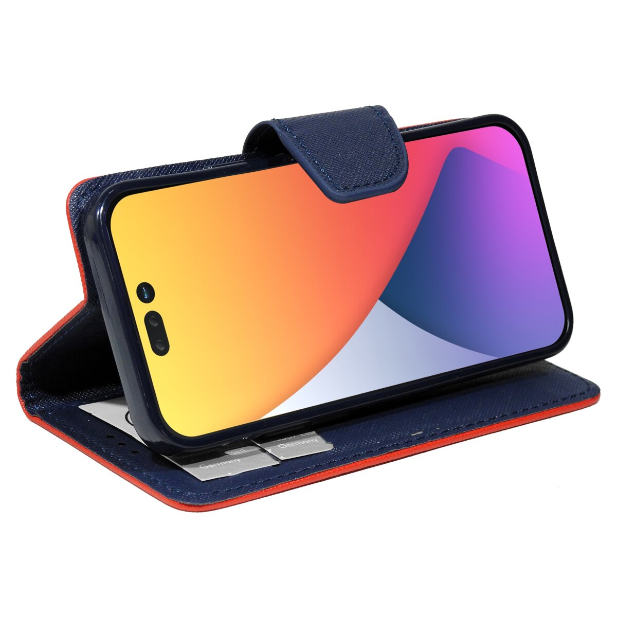 Custodia per smartphone con un telefono che mostra uno schermo colorato. Colori rosso, arancione e blu.