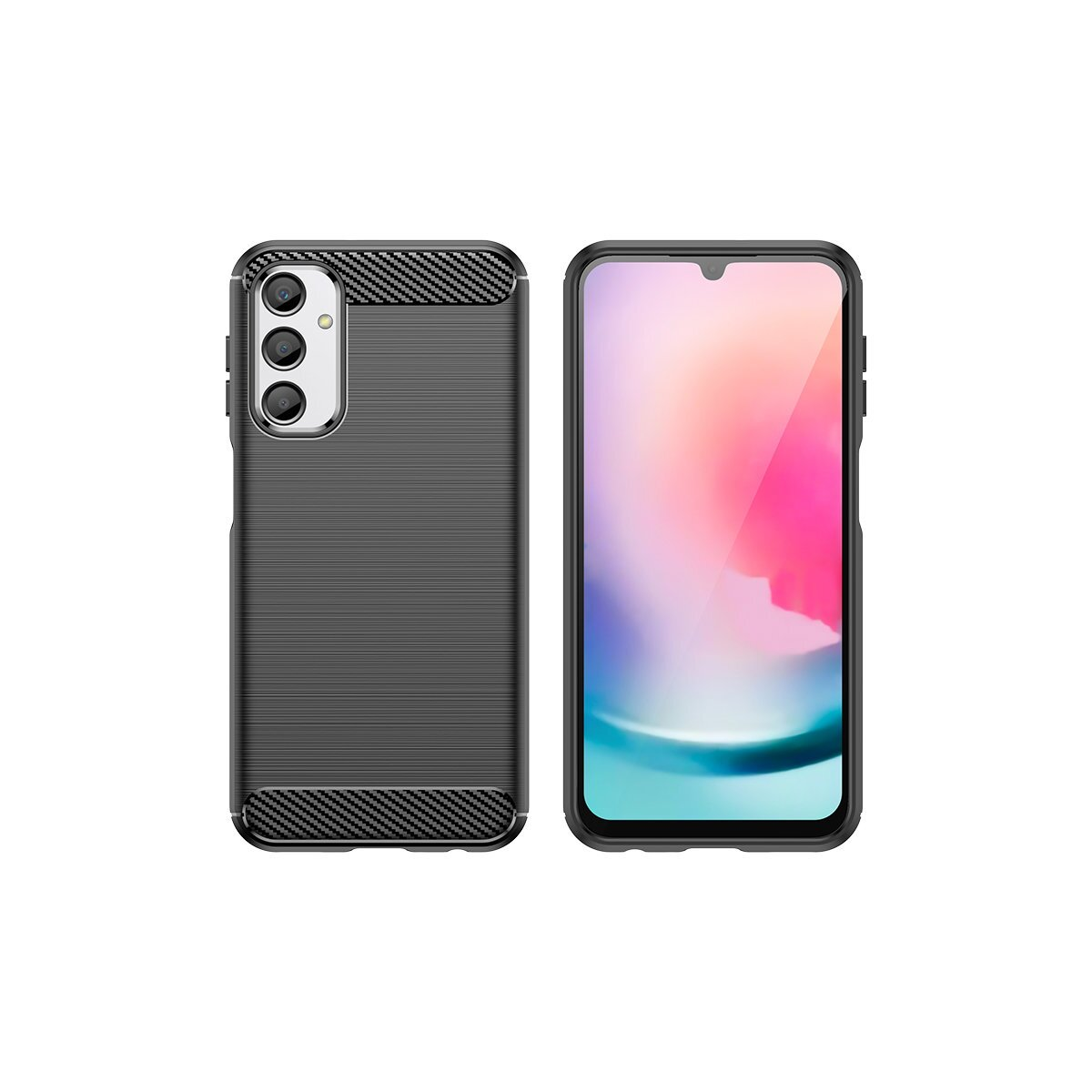 Due viste di una custodia nera, una chiusa, una aperta con un telefono. Sfondo bianco.