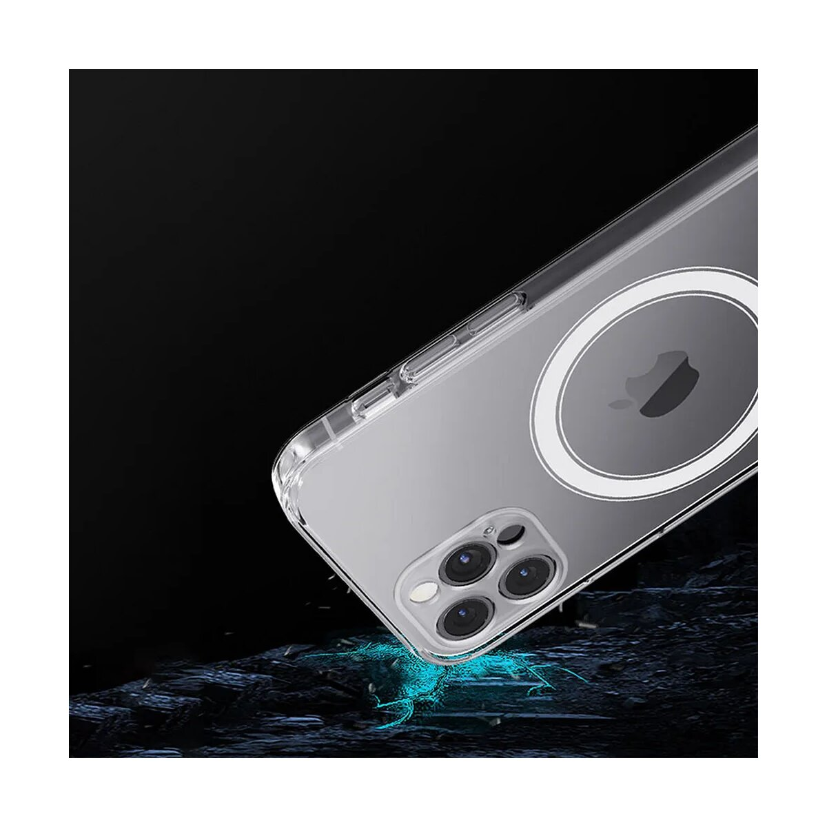 Custodia trasparente con cerchio bianco e logo Apple su sfondo scuro.